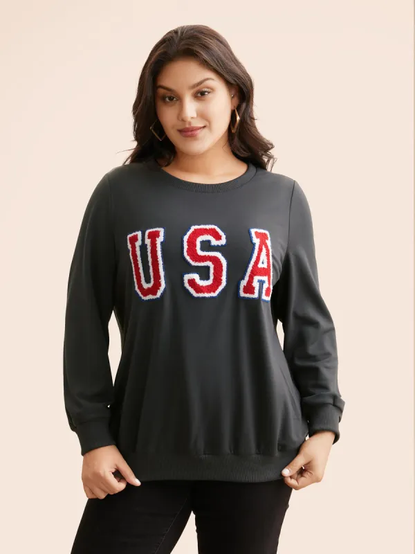 USA Embroidered Patch Round Neck Sweatshirt made by Bloomchic