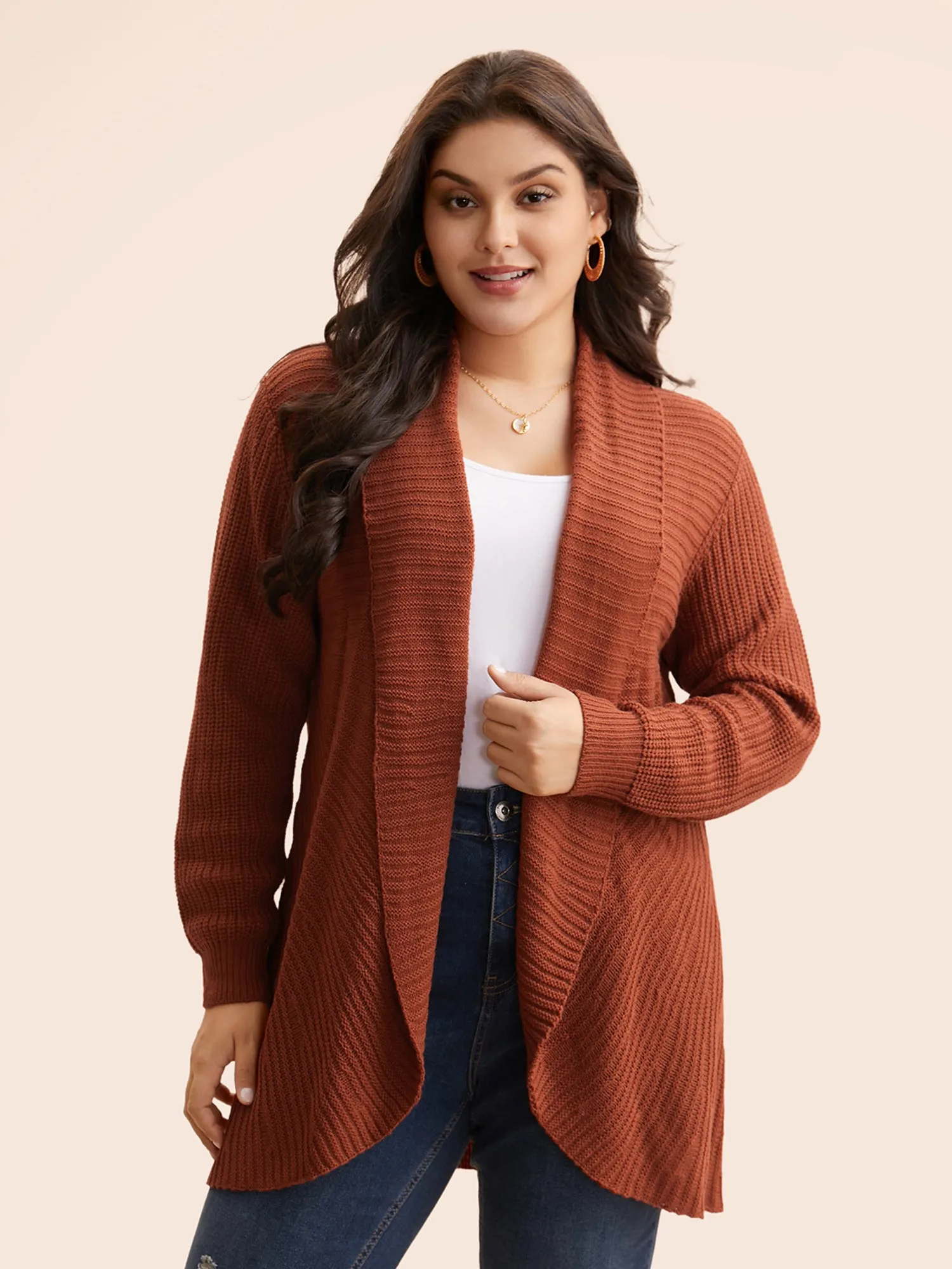 Kimono Collar Texture Cable Knit Cardigan sold by Bloomchic