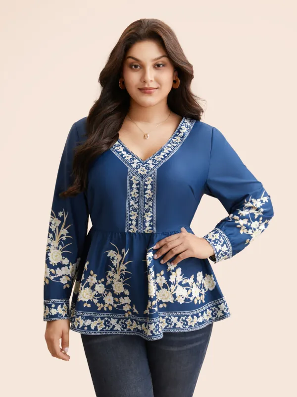 Boho Print Elastic Waist Gathered Blouse sold by Bloomchic