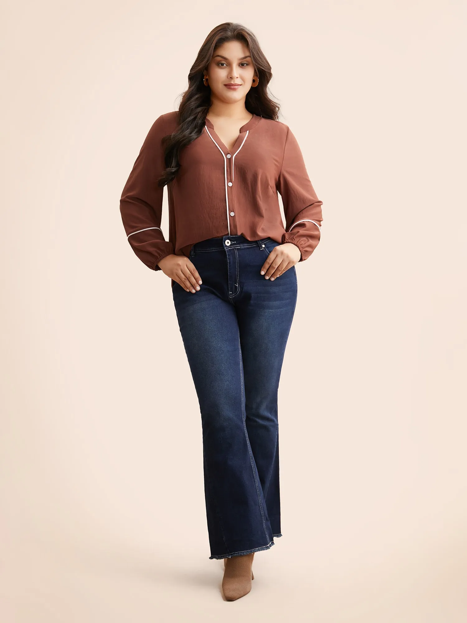 Notched Lantern Sleeve Contrast Trim Shirt sold by Bloomchic product image thumbnail 2