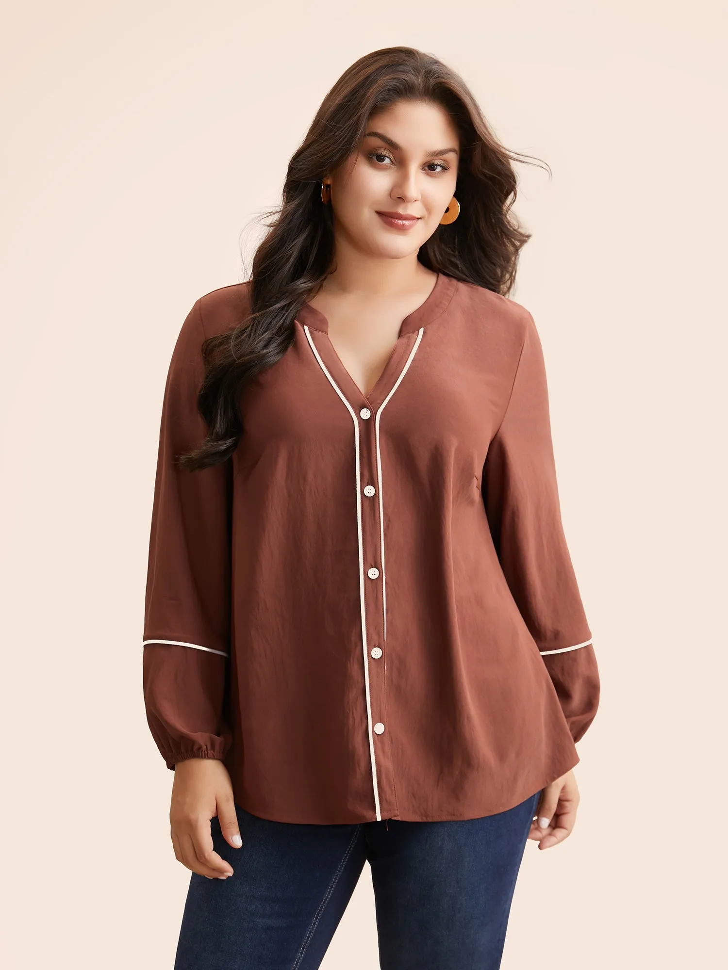 Notched Lantern Sleeve Contrast Trim Shirt sold by Bloomchic