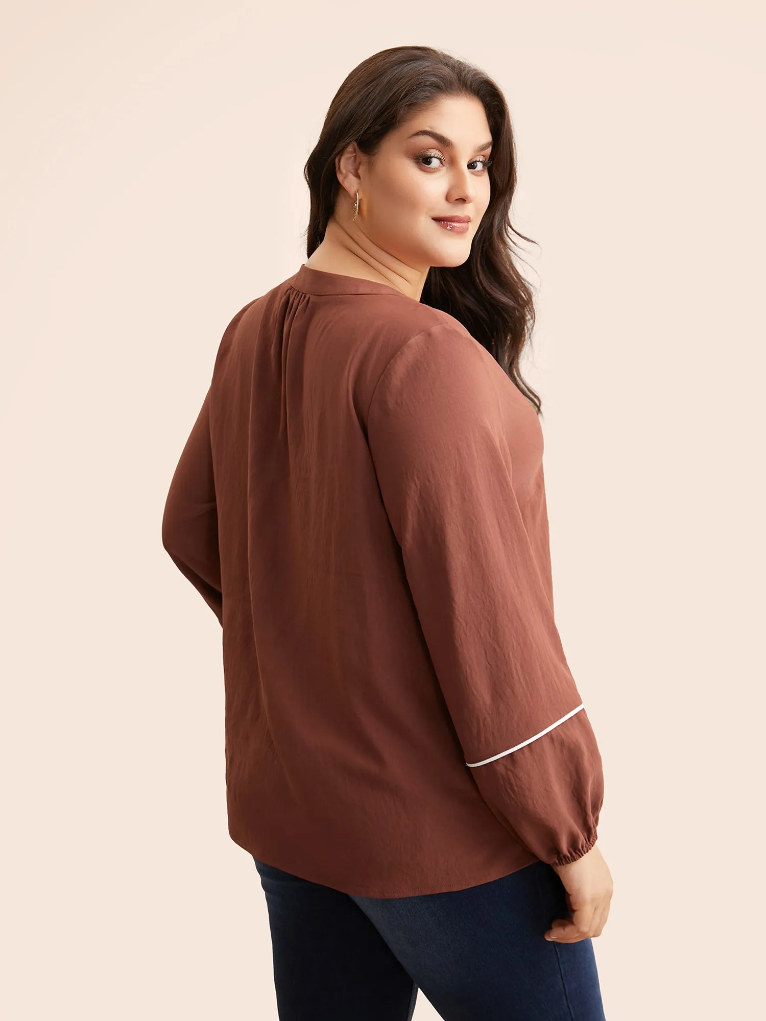 Notched Lantern Sleeve Contrast Trim Shirt sold by Bloomchic product image thumbnail 3