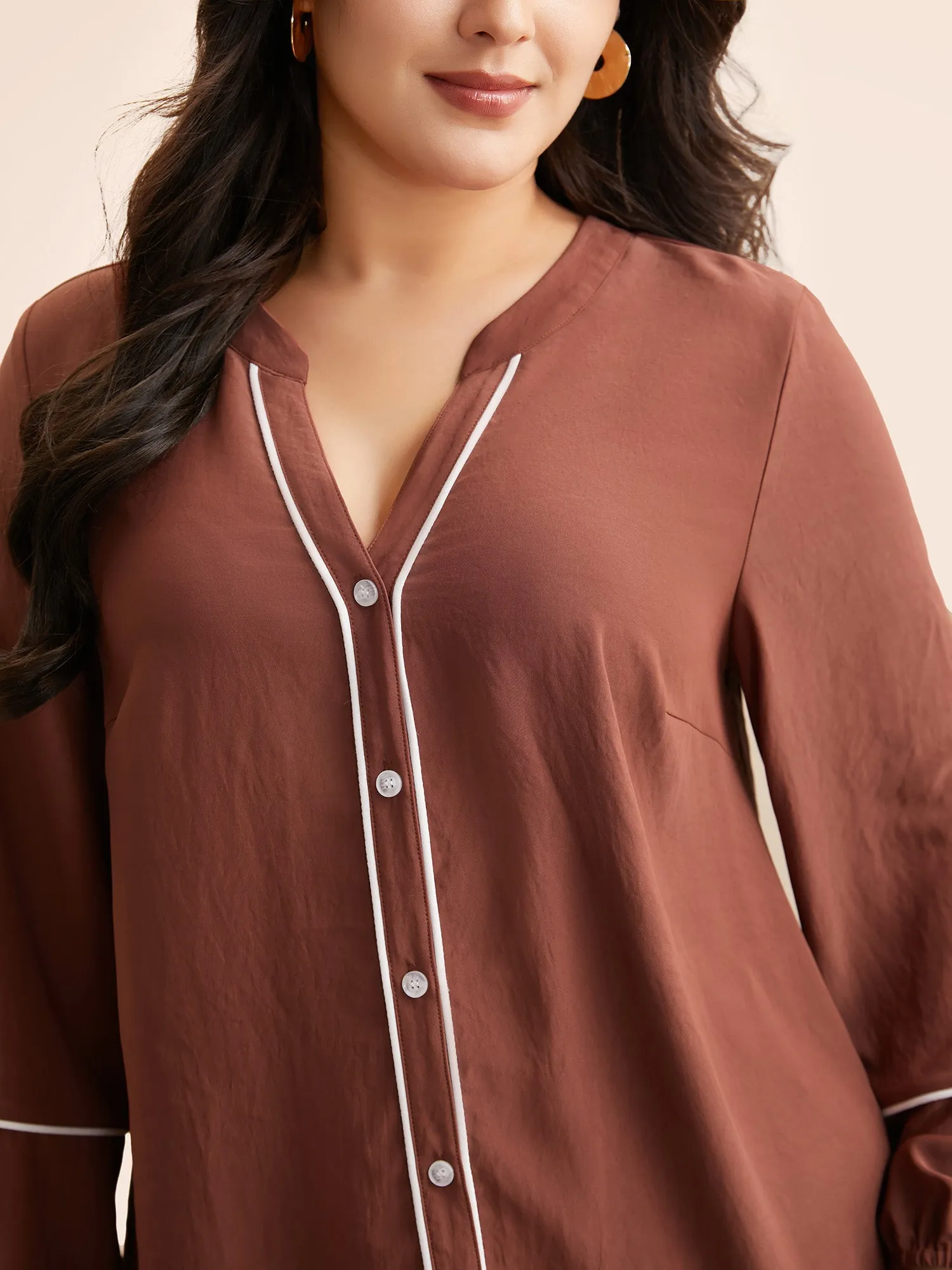 Notched Lantern Sleeve Contrast Trim Shirt sold by Bloomchic product image thumbnail 4