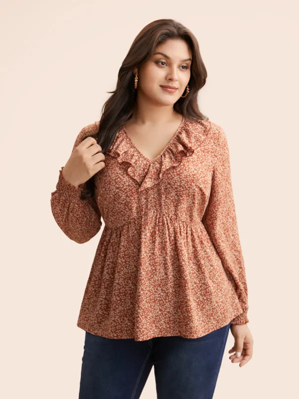 Ditsy Floral Ruffle Trim Shirred Blouse sold by Bloomchic
