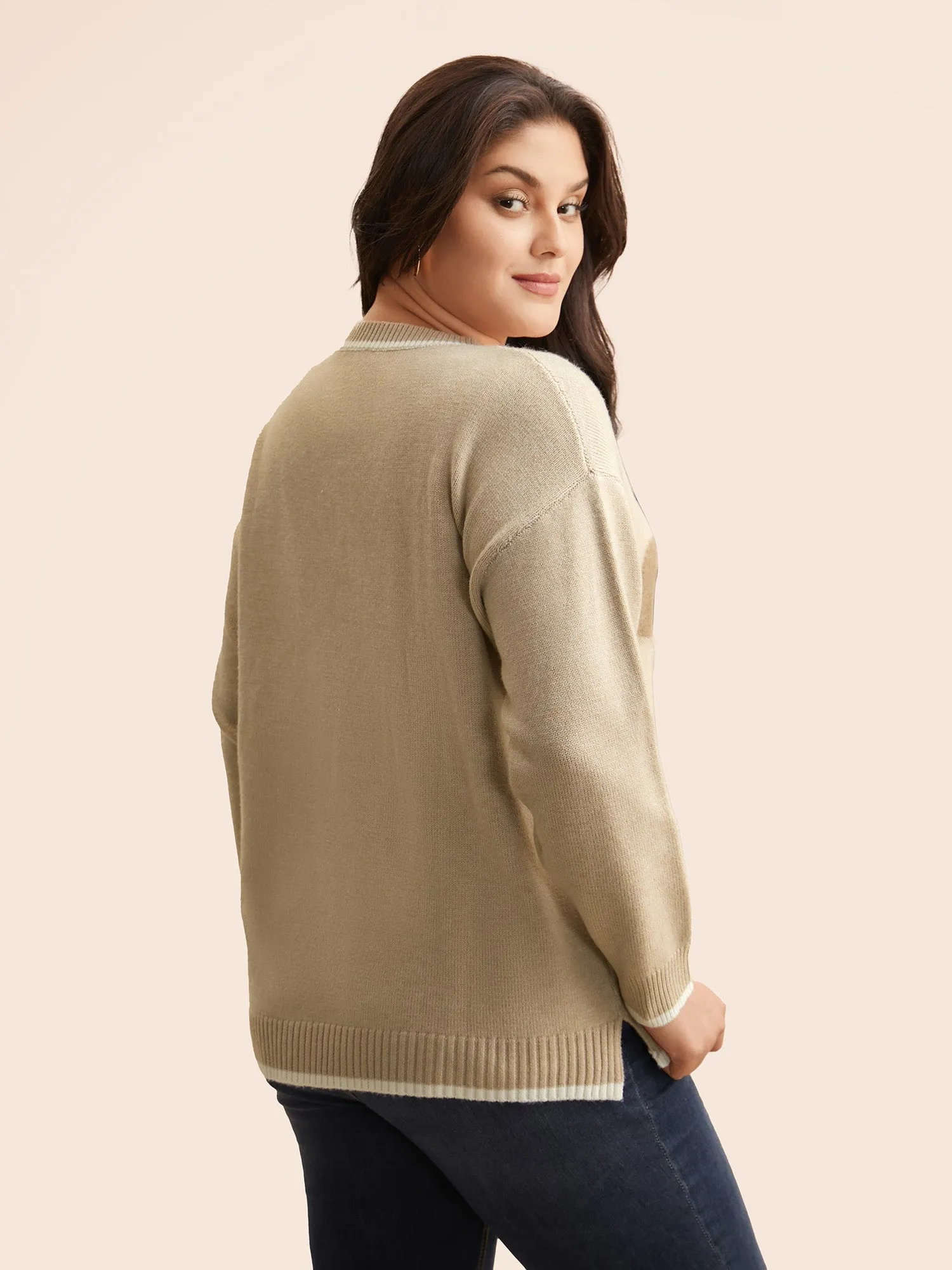 Floral Jacquard Contrast Trim Slit Hem Pullover sold by Bloomchic product image thumbnail 2