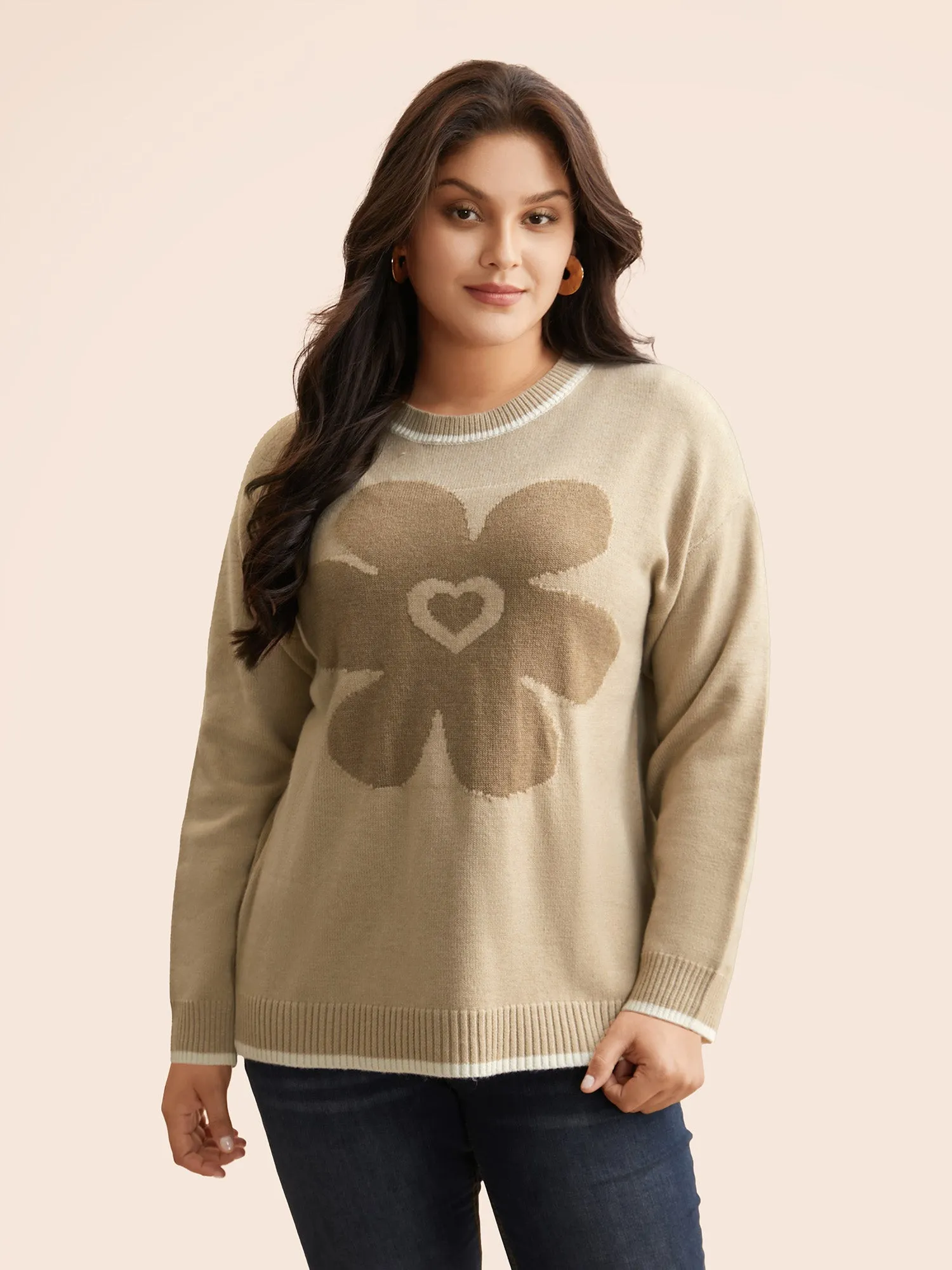 Floral Jacquard Contrast Trim Slit Hem Pullover sold by Bloomchic product image thumbnail 3