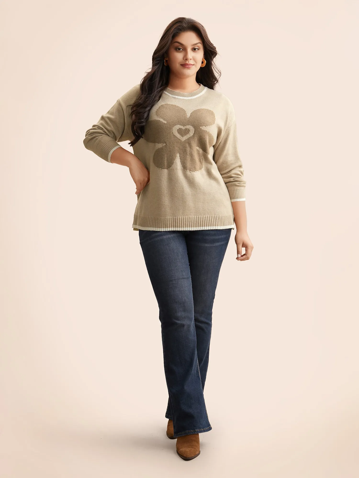 Floral Jacquard Contrast Trim Slit Hem Pullover sold by Bloomchic product image thumbnail 4