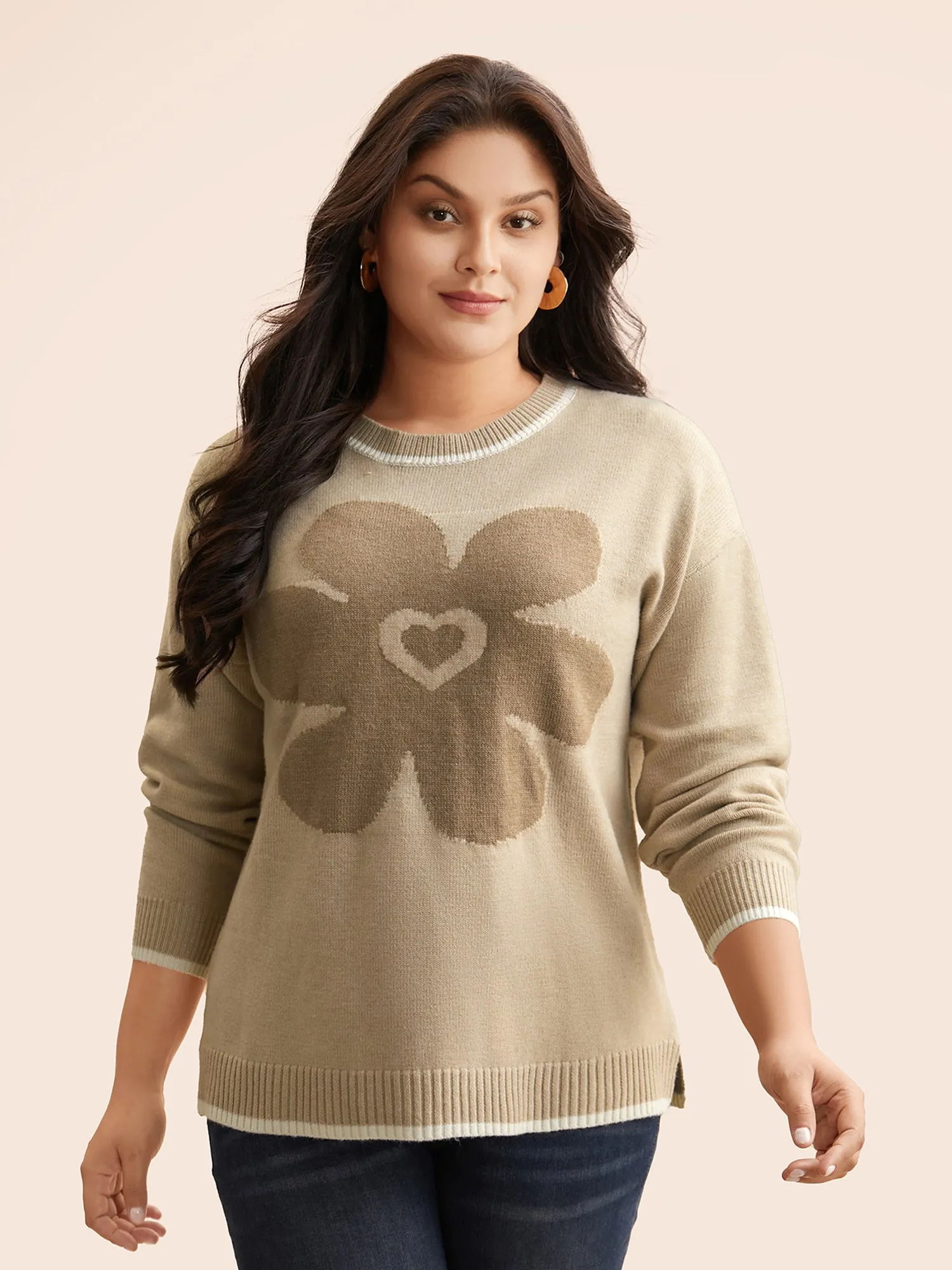 Floral Jacquard Contrast Trim Slit Hem Pullover sold by Bloomchic