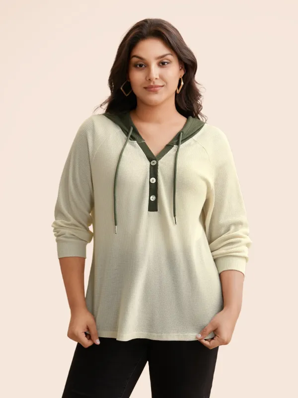 Waffle Knit Contrast Patchwork Hooded T-shirt sold by Bloomchic