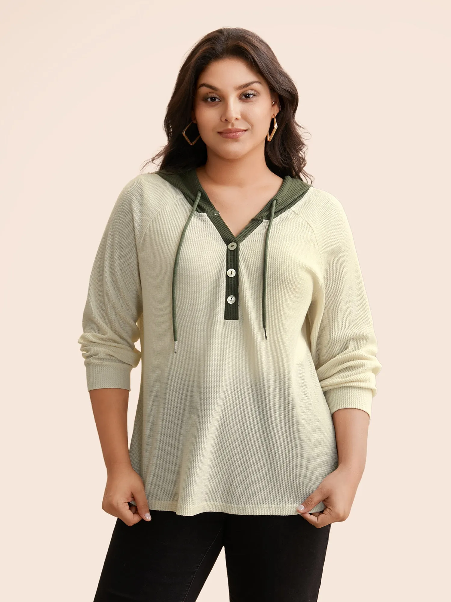 Waffle Knit Contrast Patchwork Hooded T-shirt sold by Bloomchic