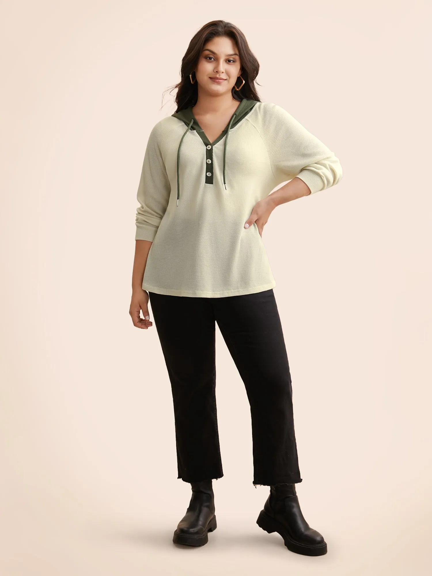 Waffle Knit Contrast Patchwork Hooded T-shirt sold by Bloomchic product image thumbnail 5