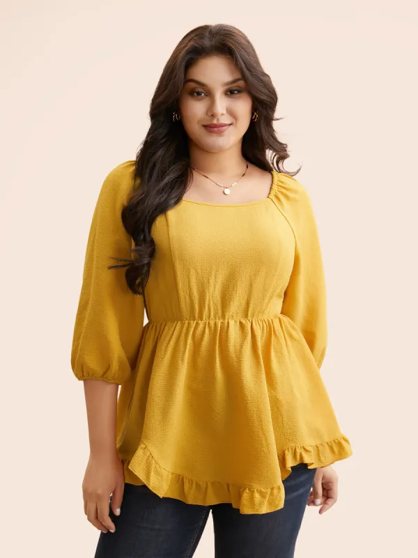 Solid Square Neck Ruffles Shirred Blouse sold by Bloomchic