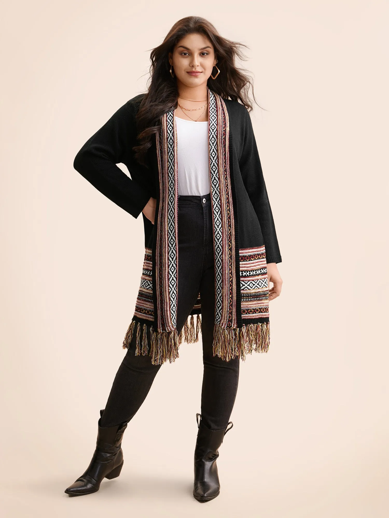 Bandana Lapel Collar Tassel Trim Cardigan sold by Bloomchic product image thumbnail 3