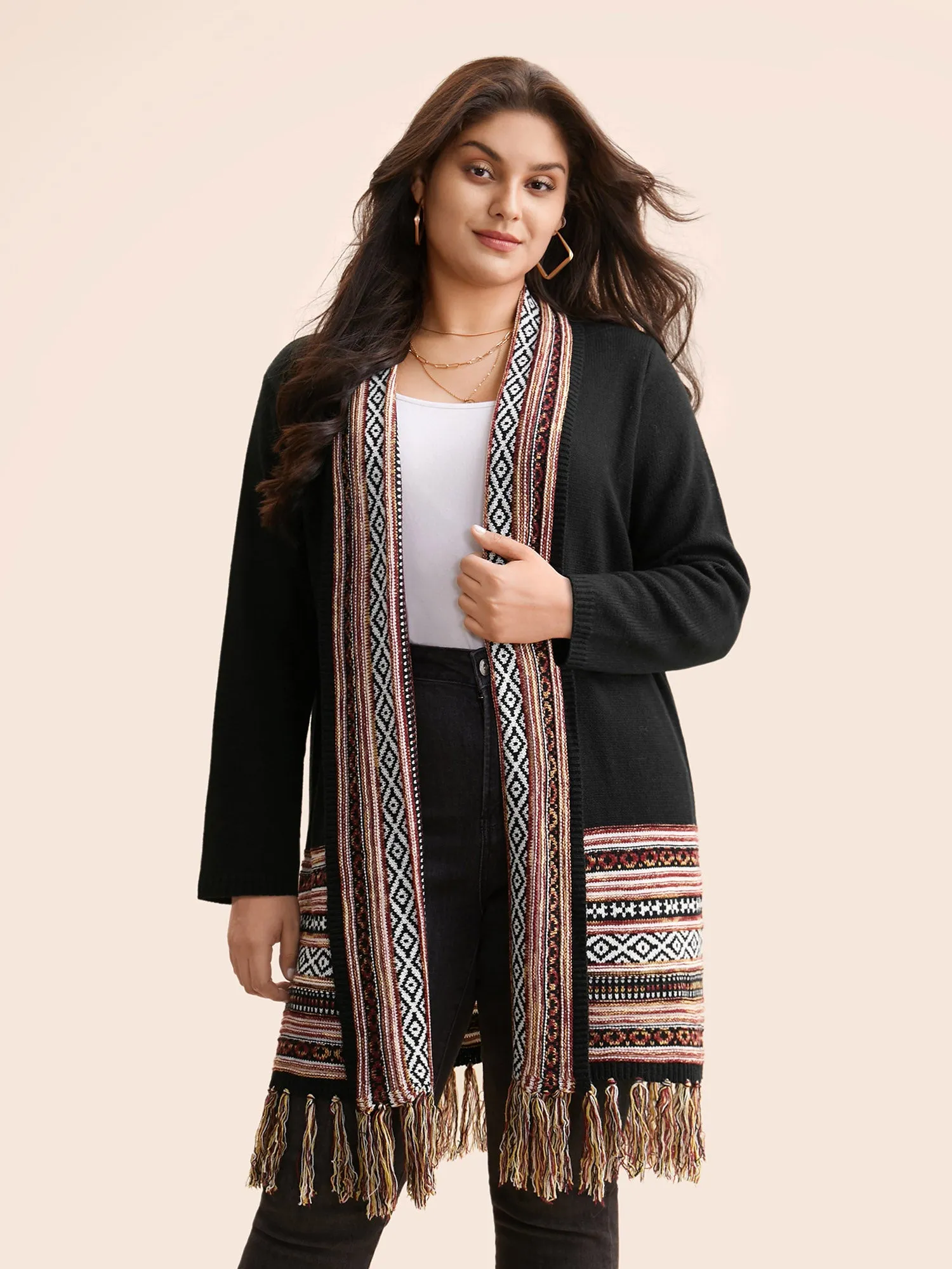 Bandana Lapel Collar Tassel Trim Cardigan sold by Bloomchic