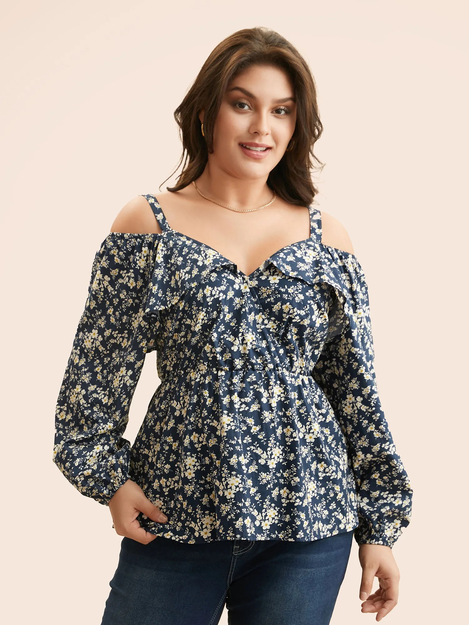Ditsy Floral Lantern Sleeve Ruffle Trim Blouse sold by Bloomchic