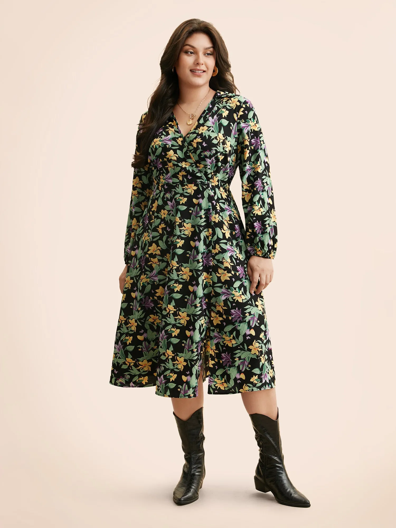Floral Overlap Collar Lantern Sleeve Dress sold by Bloomchic product image thumbnail 2