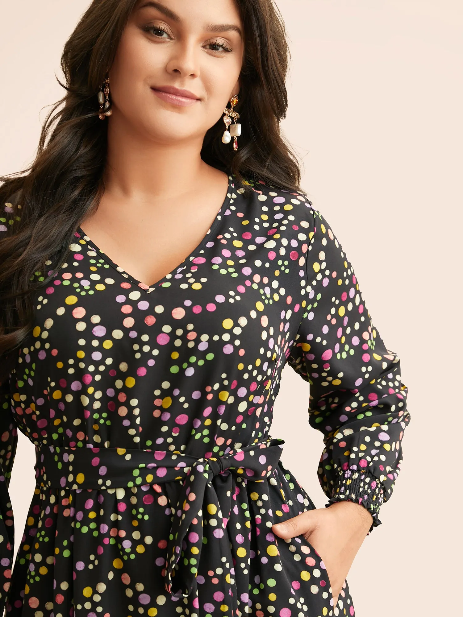 Polka Dot Shirred Belted Split Hem Dress sold by Bloomchic product image thumbnail 4