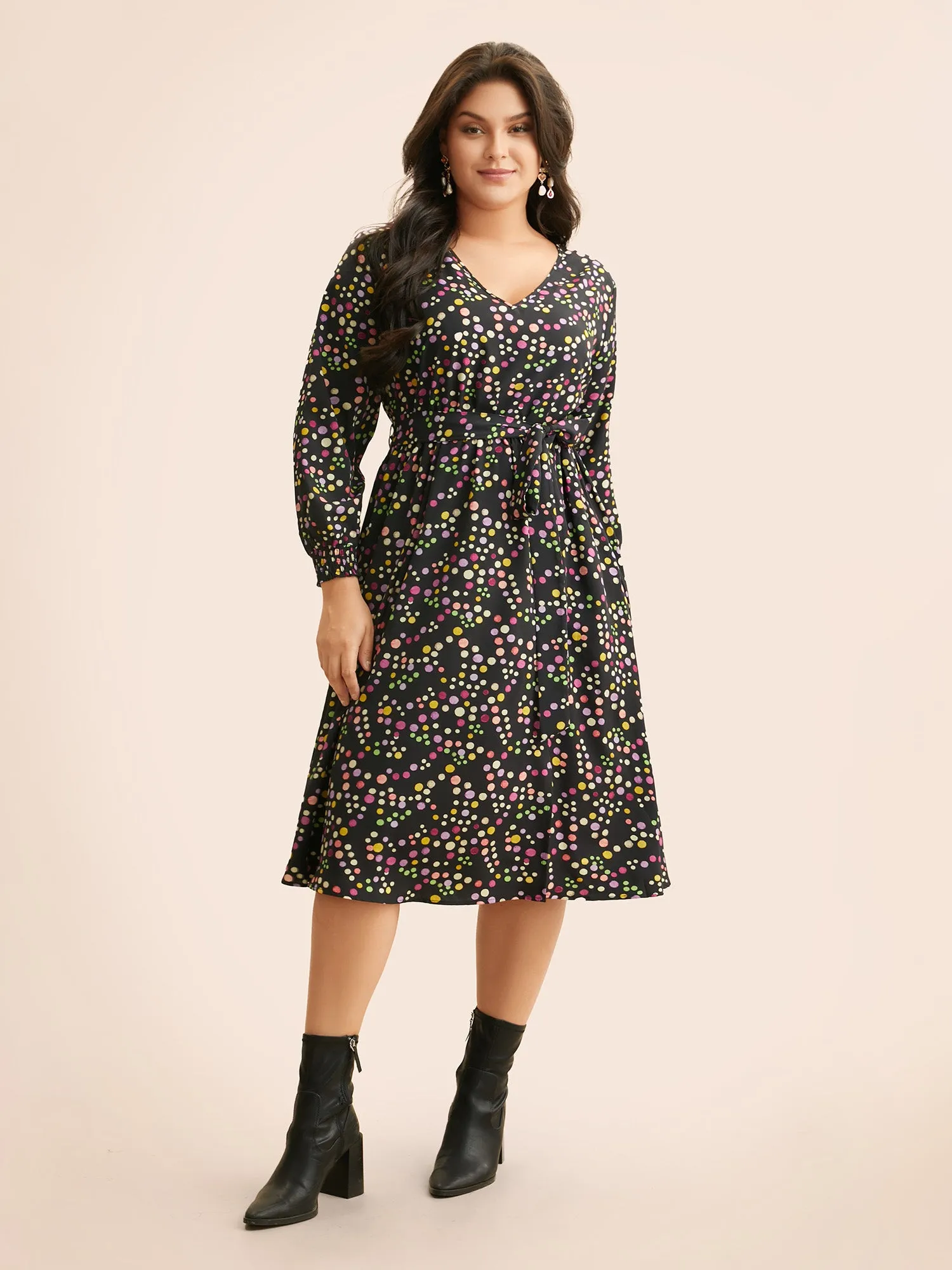 Polka Dot Shirred Belted Split Hem Dress sold by Bloomchic product image thumbnail 2
