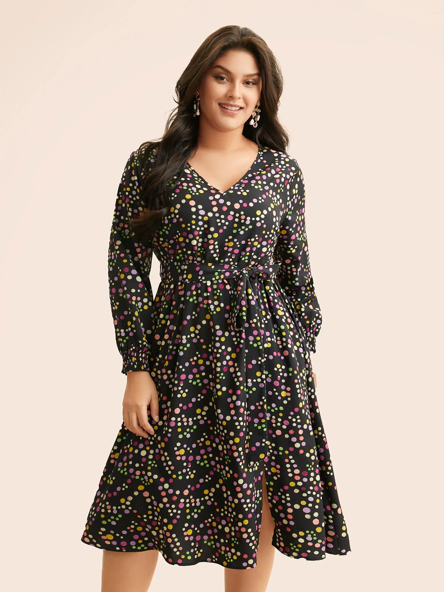 Polka Dot Shirred Belted Split Hem Dress sold by Bloomchic
