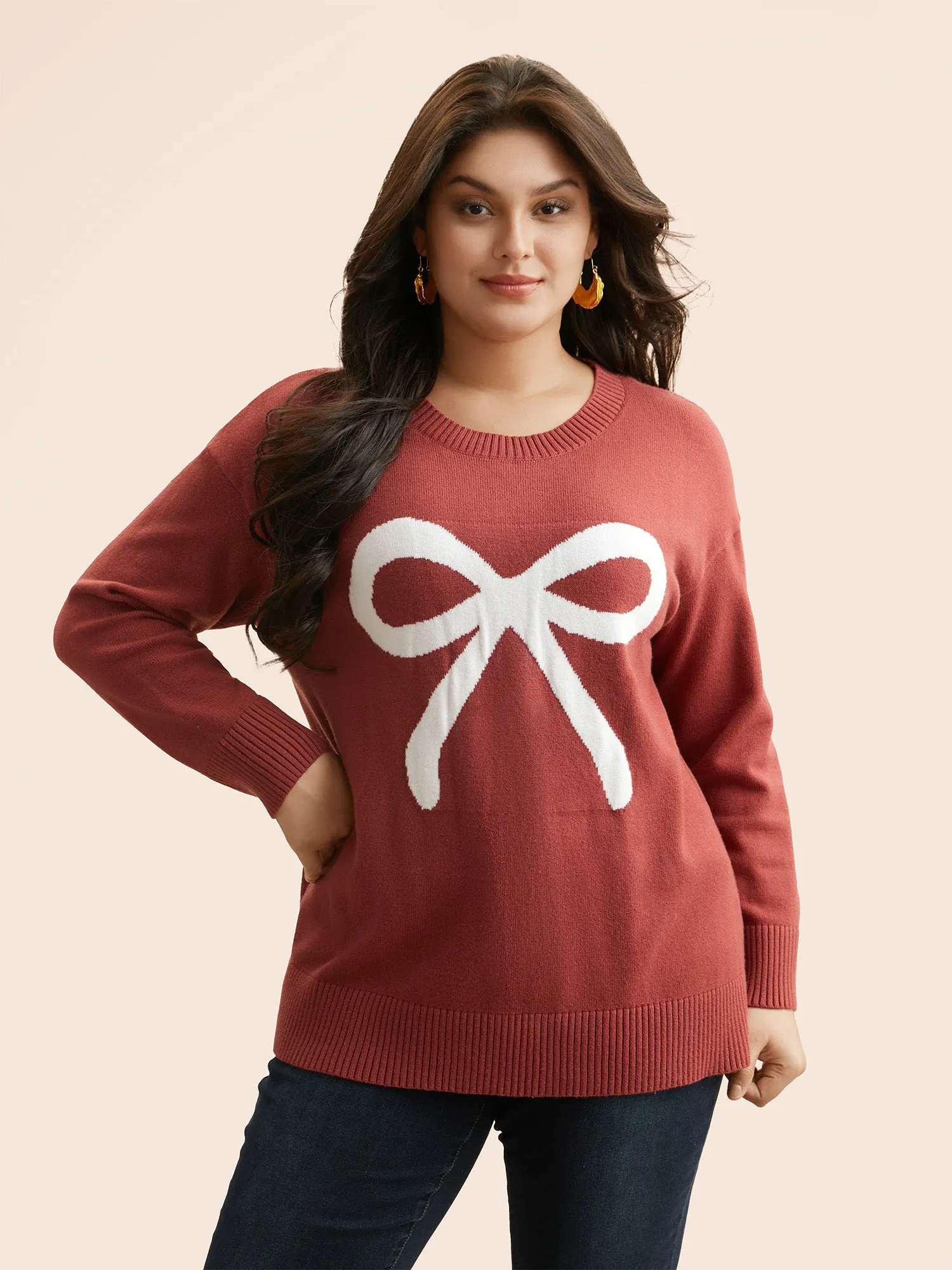 Bowknot Jacquard Drop Shoulder Pullover sold by Bloomchic