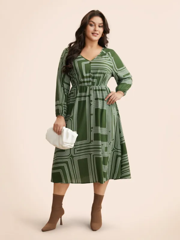 Geometric Button Detail Lantern Sleeve Dress sold by Bloomchic