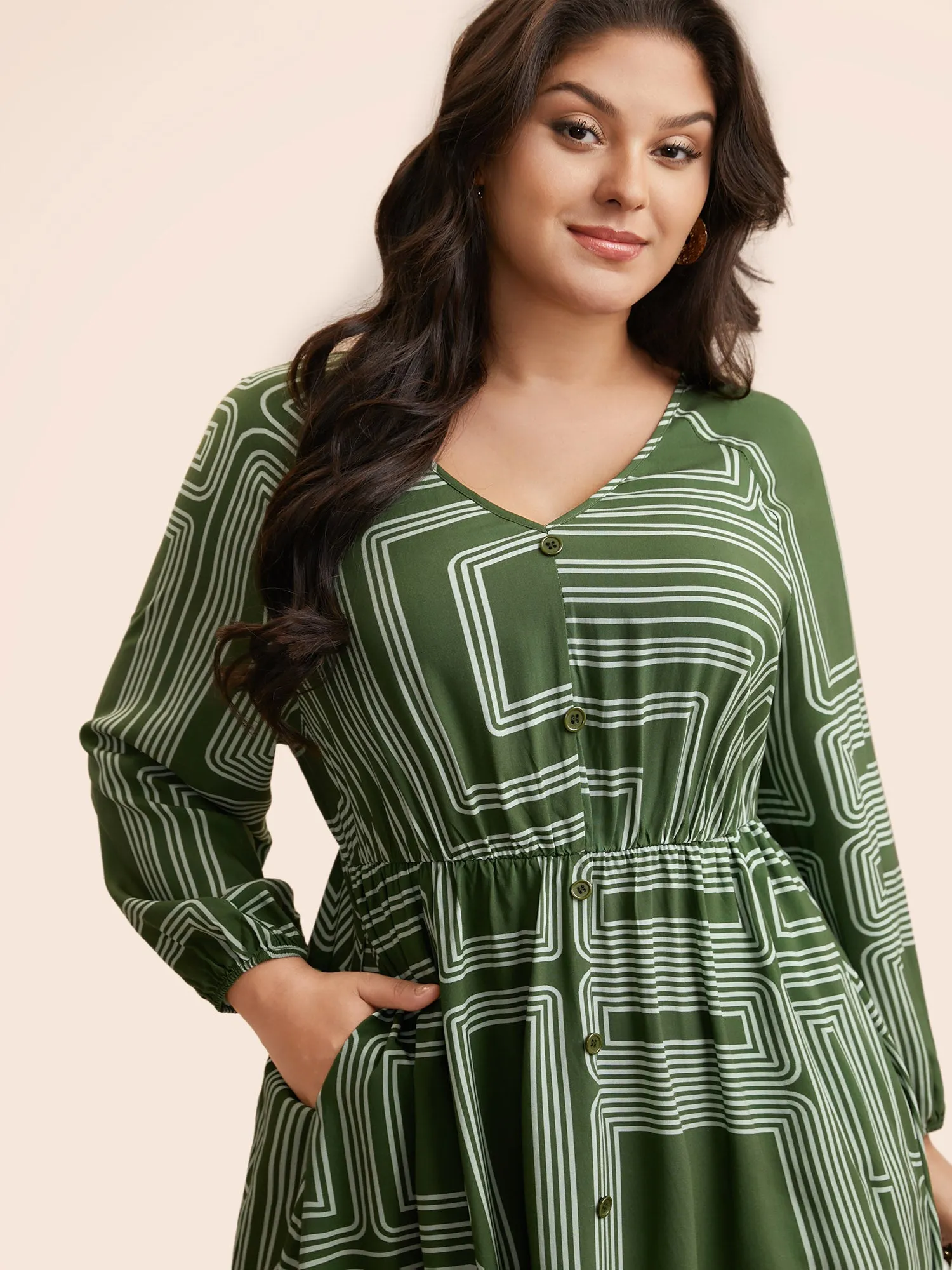 Geometric Button Detail Lantern Sleeve Dress sold by Bloomchic product image thumbnail 2