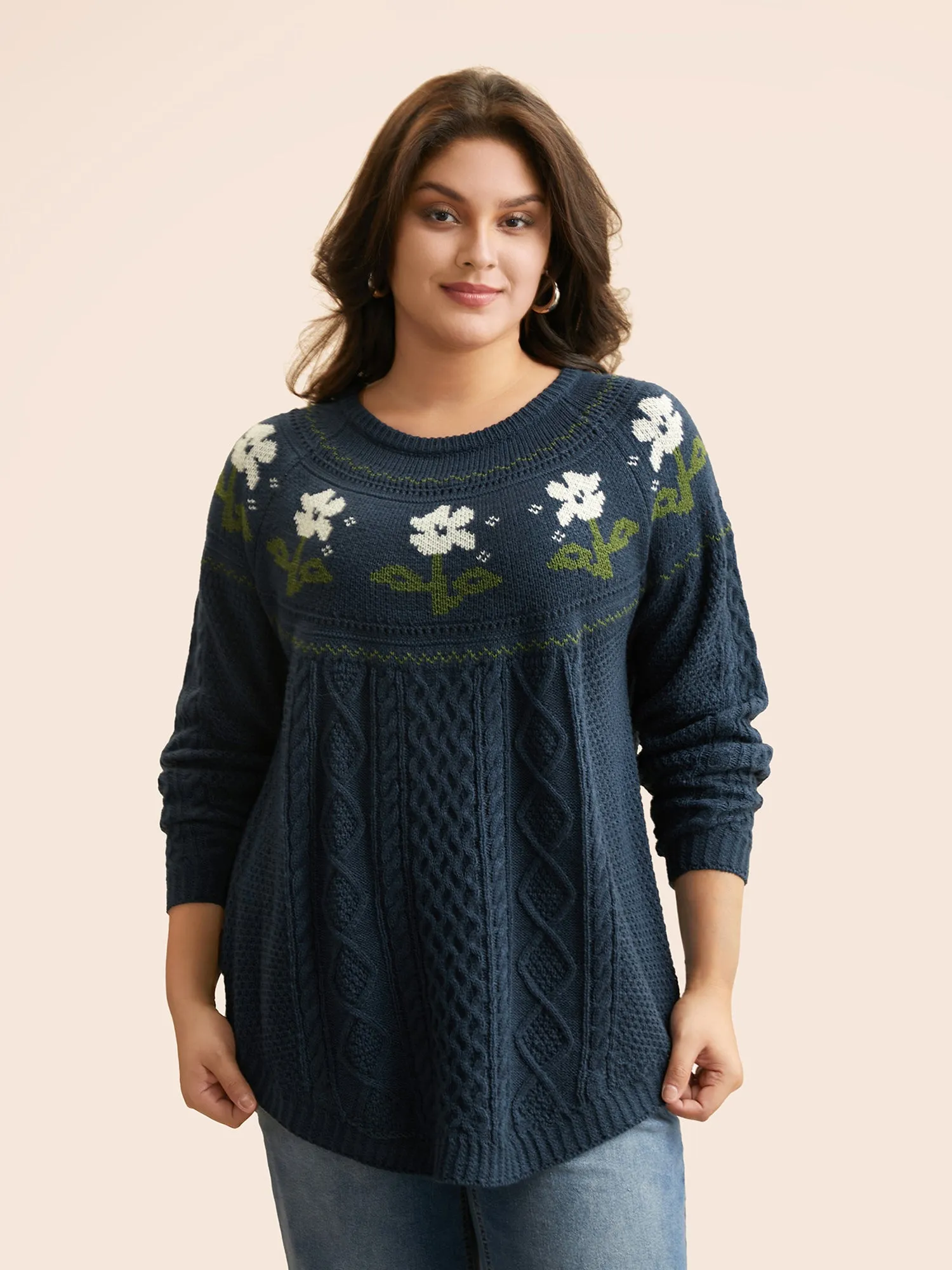 Floral Jacquard Raglan Sleeve Pullover sold by Bloomchic
