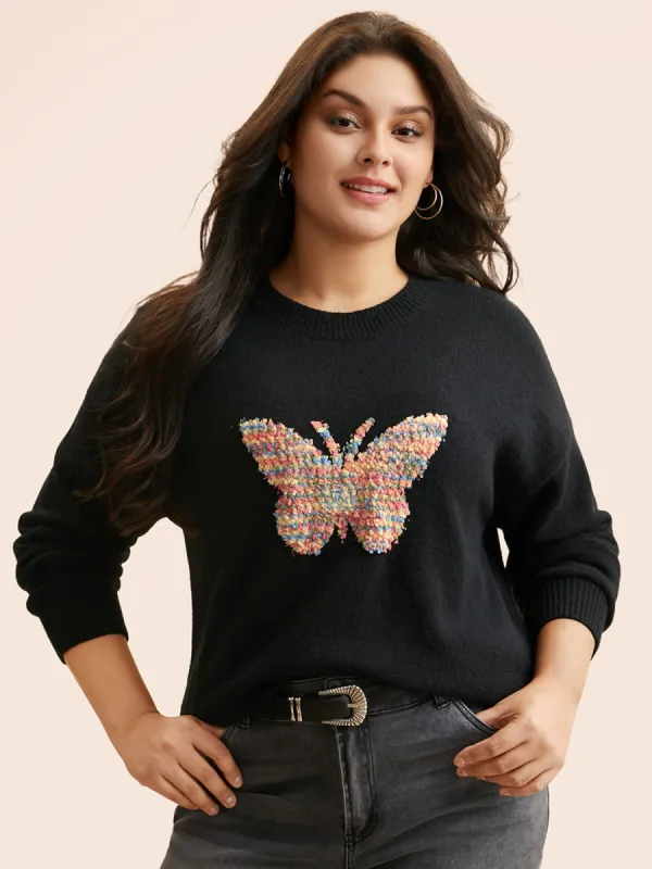 Butterfly Jacquard Drop Shoulder Pullover sold by Bloomchic