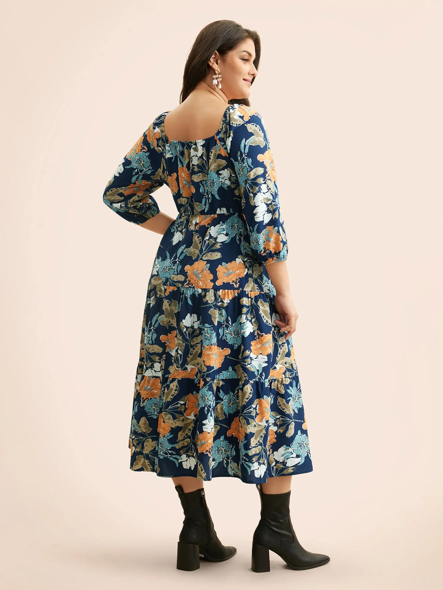 Square Neck Floral Shirred Midi Dress sold by Bloomchic product image thumbnail 3