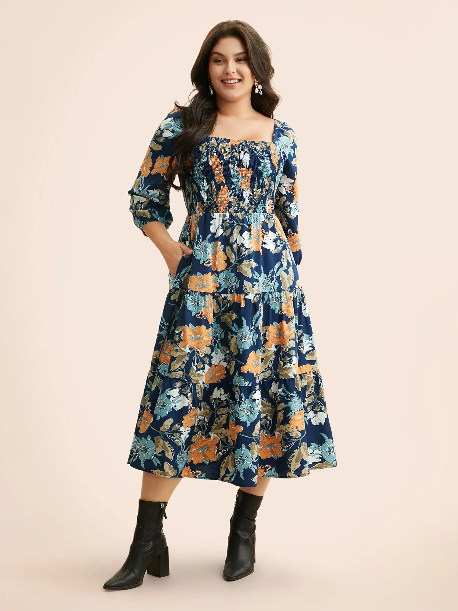 Square Neck Floral Shirred Midi Dress sold by Bloomchic product image thumbnail 2
