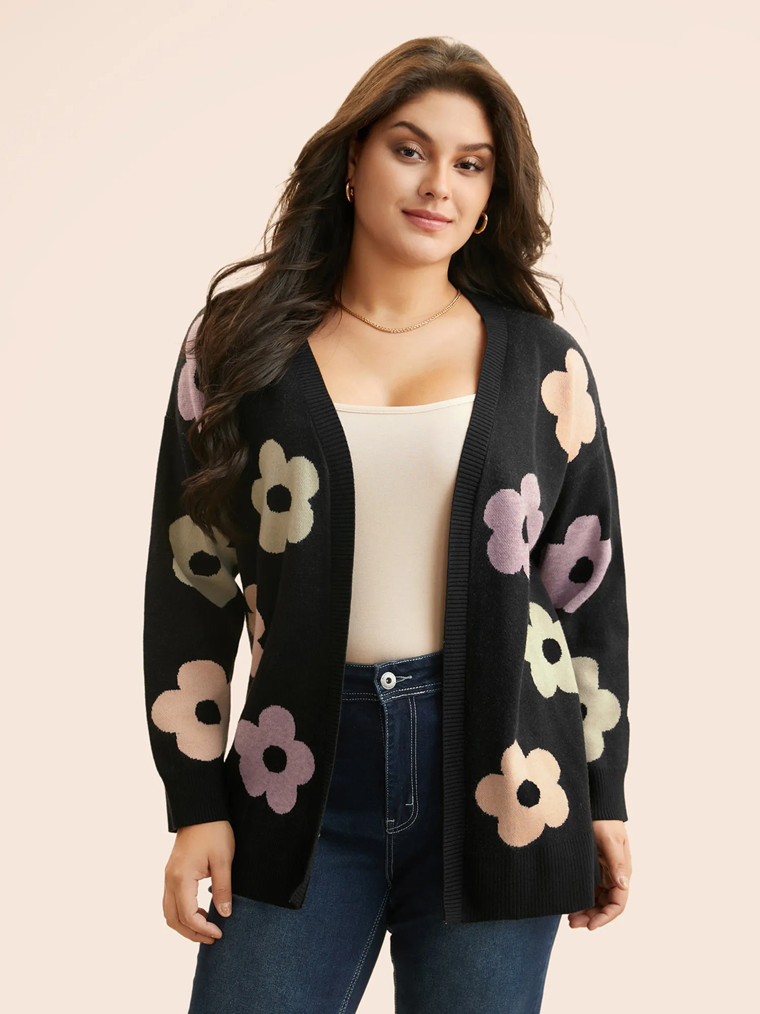 Contrast Floral Drop Shoulder Cardigan sold by Bloomchic