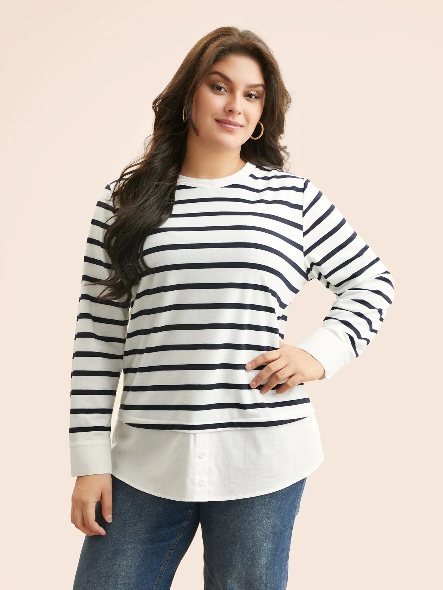 2-In-1 Striped Patchwork Button Detail Sweatshirt sold by Bloomchic