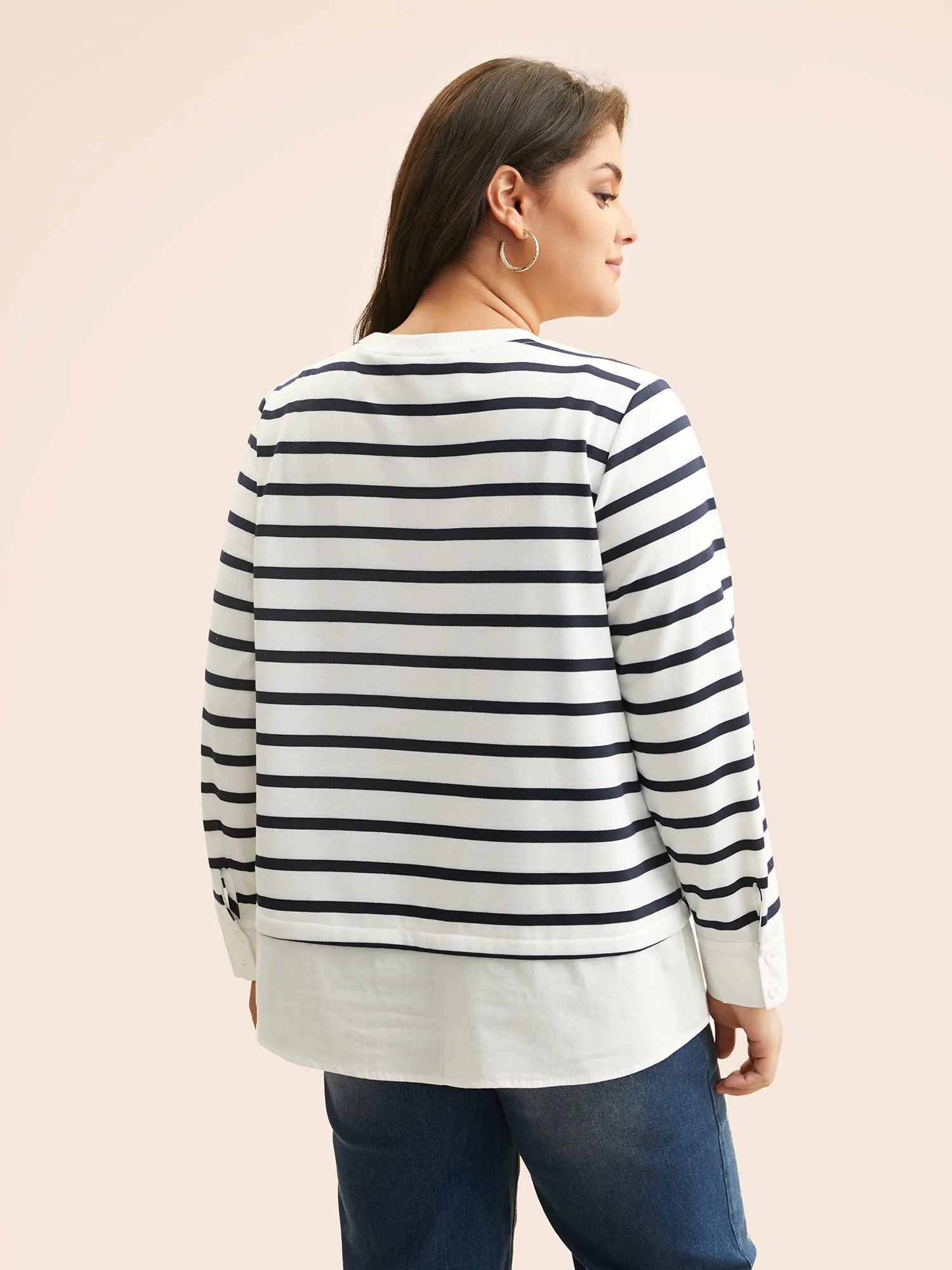 2-In-1 Striped Patchwork Button Detail Sweatshirt sold by Bloomchic product image thumbnail 3
