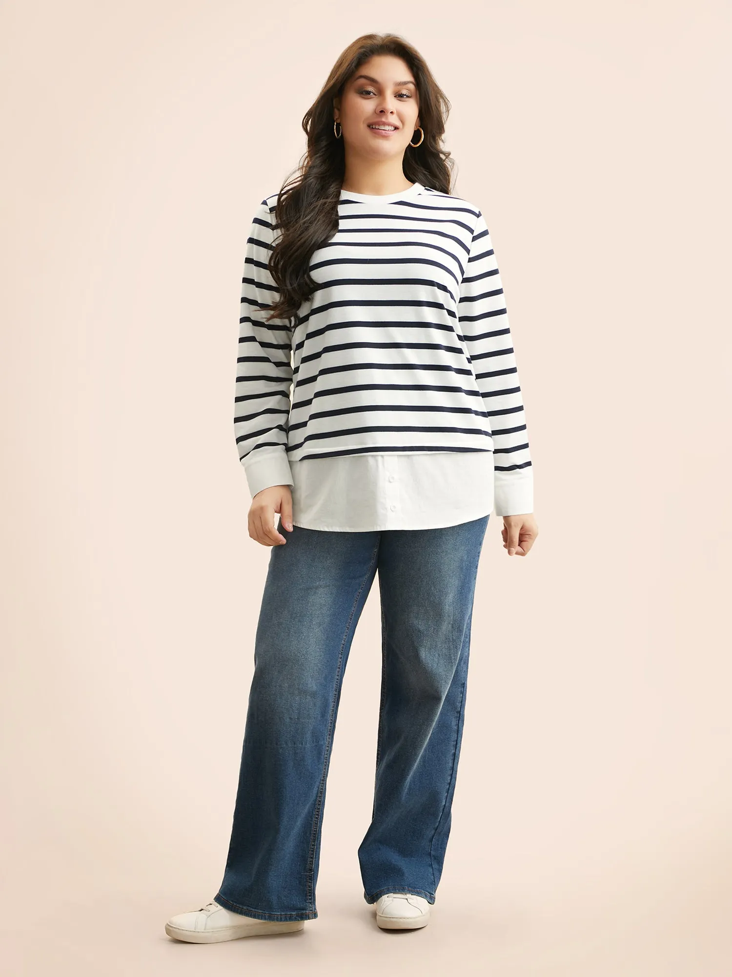 2-In-1 Striped Patchwork Button Detail Sweatshirt sold by Bloomchic product image thumbnail 2