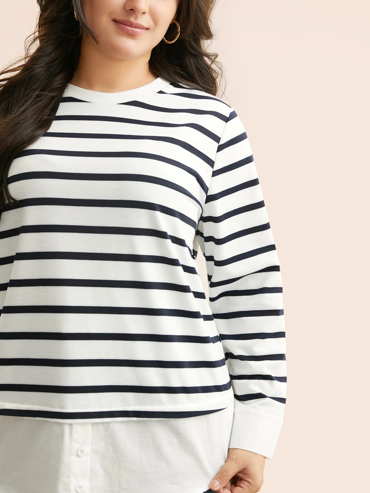2-In-1 Striped Patchwork Button Detail Sweatshirt sold by Bloomchic product image thumbnail 4