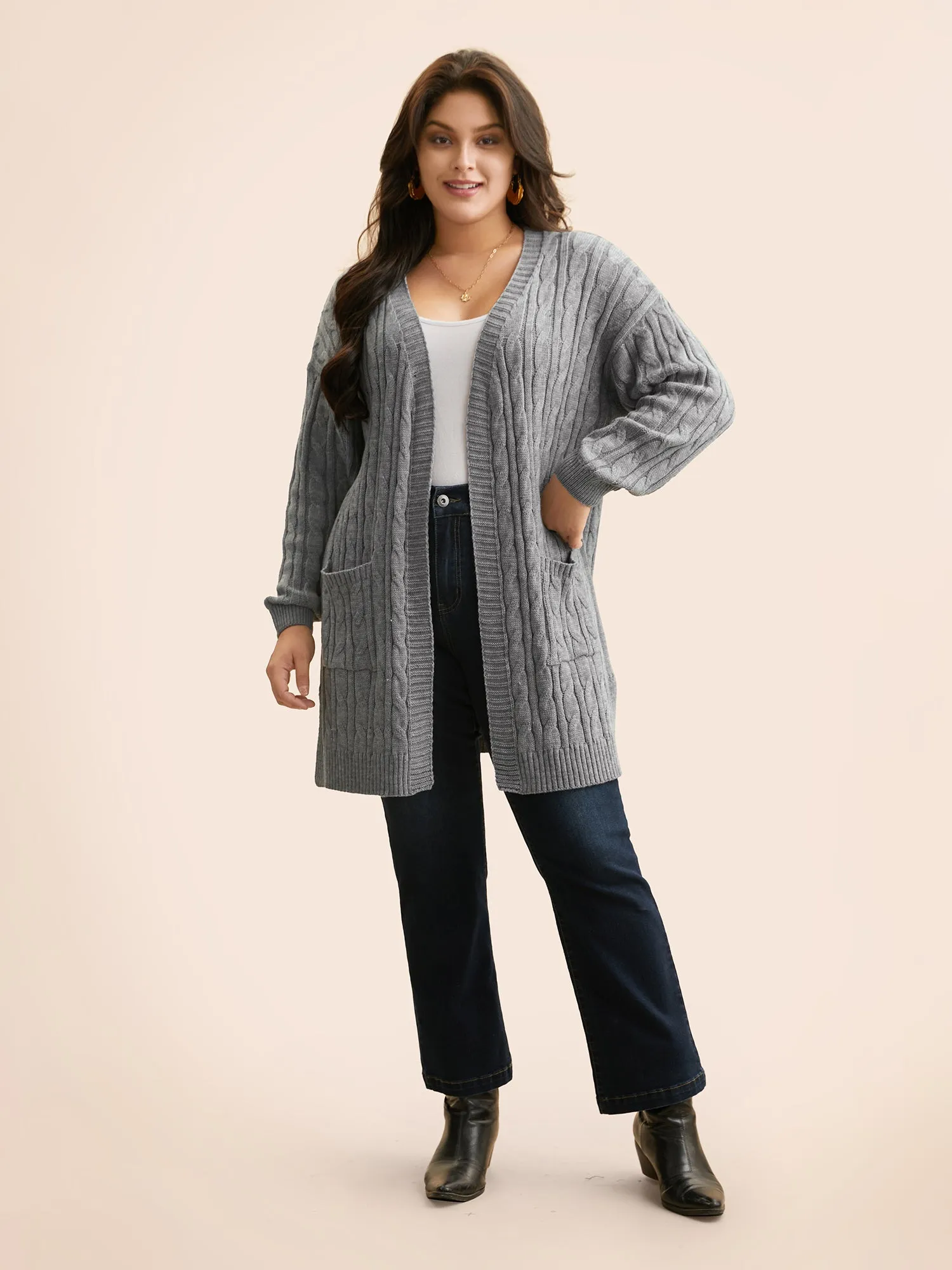 Cable Knit Drop Shoulder Sleeve Cardigan sold by Bloomchic product image thumbnail 4