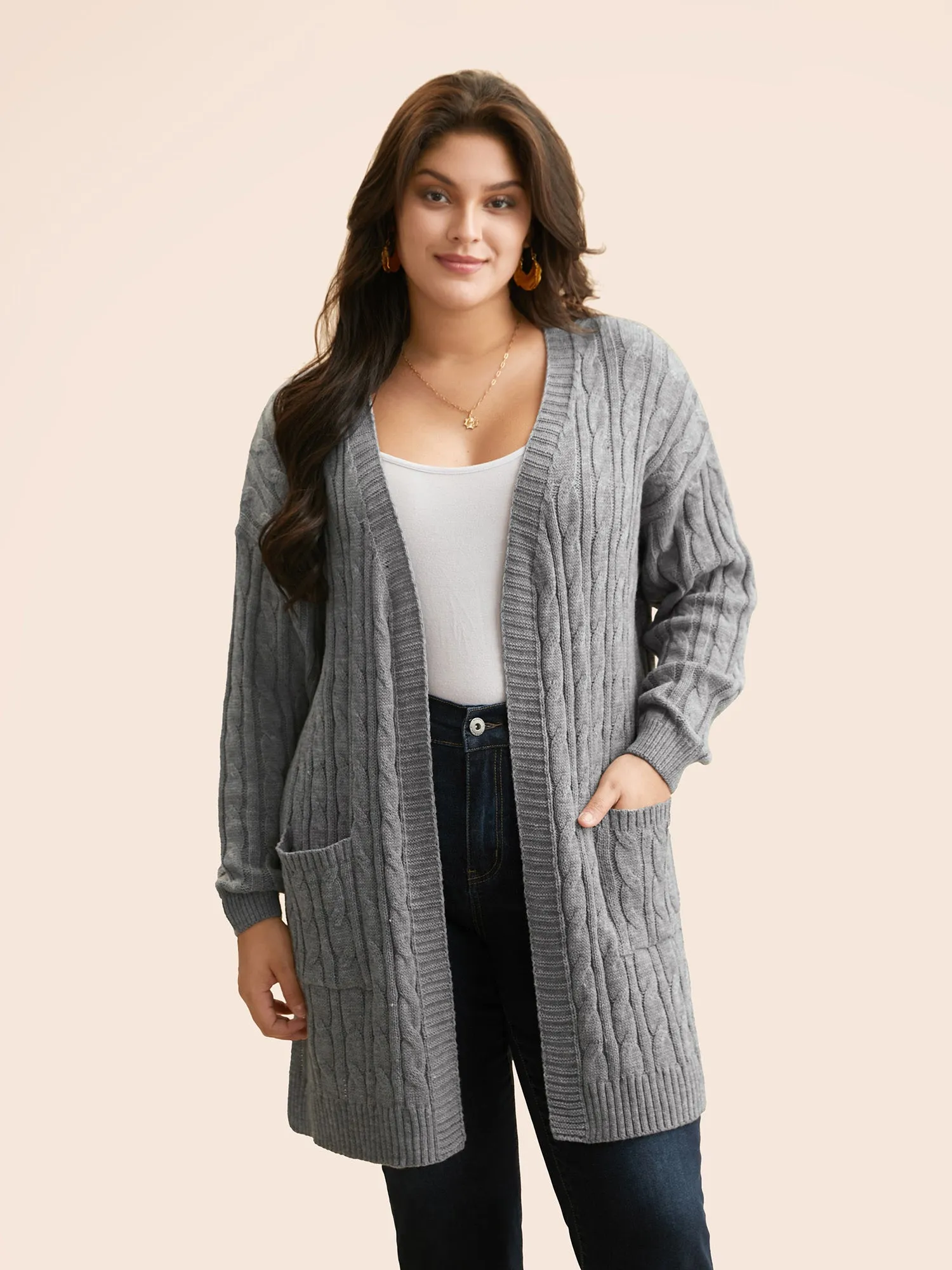 Cable Knit Drop Shoulder Sleeve Cardigan sold by Bloomchic
