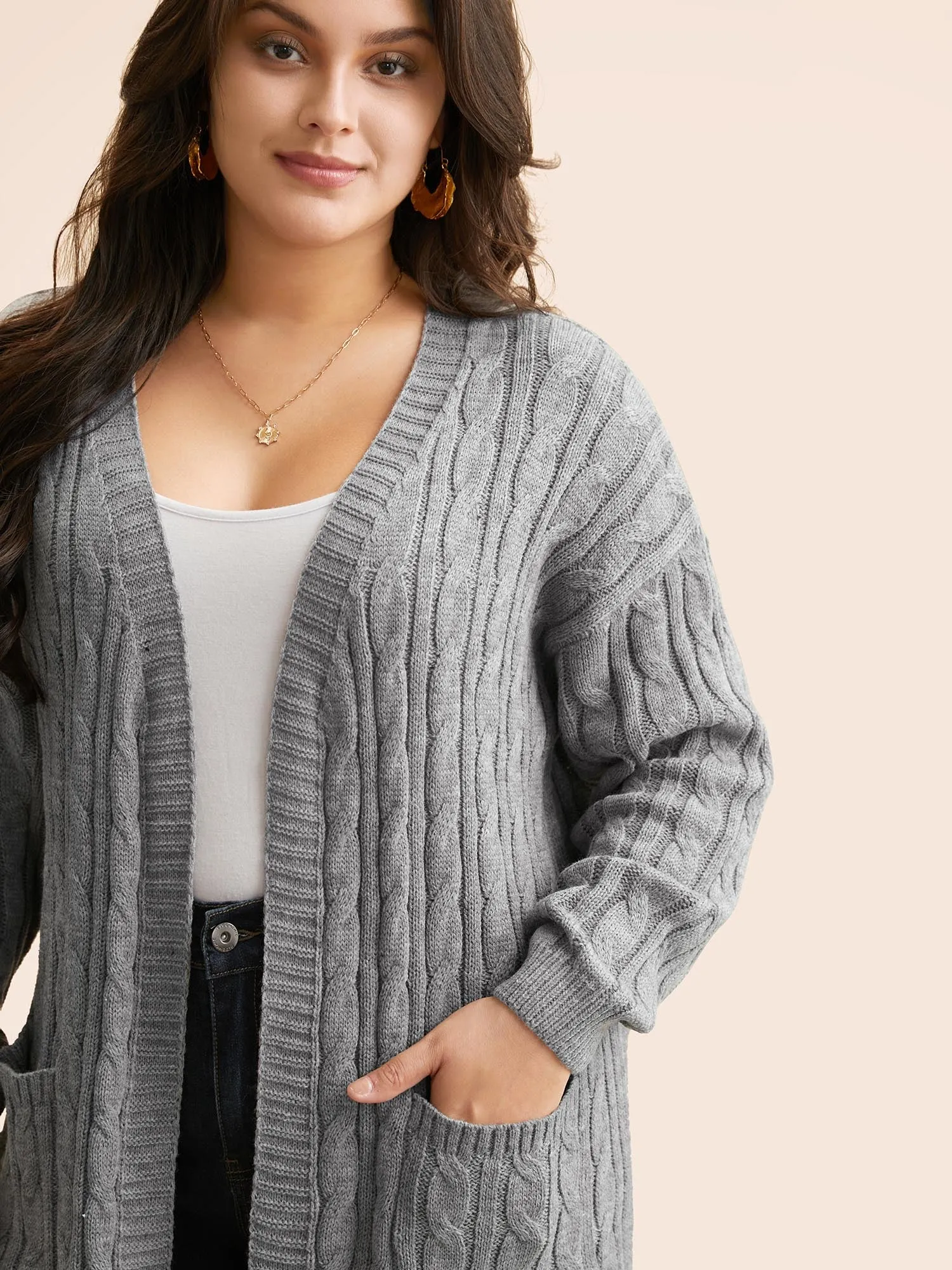Cable Knit Drop Shoulder Sleeve Cardigan sold by Bloomchic product image thumbnail 3