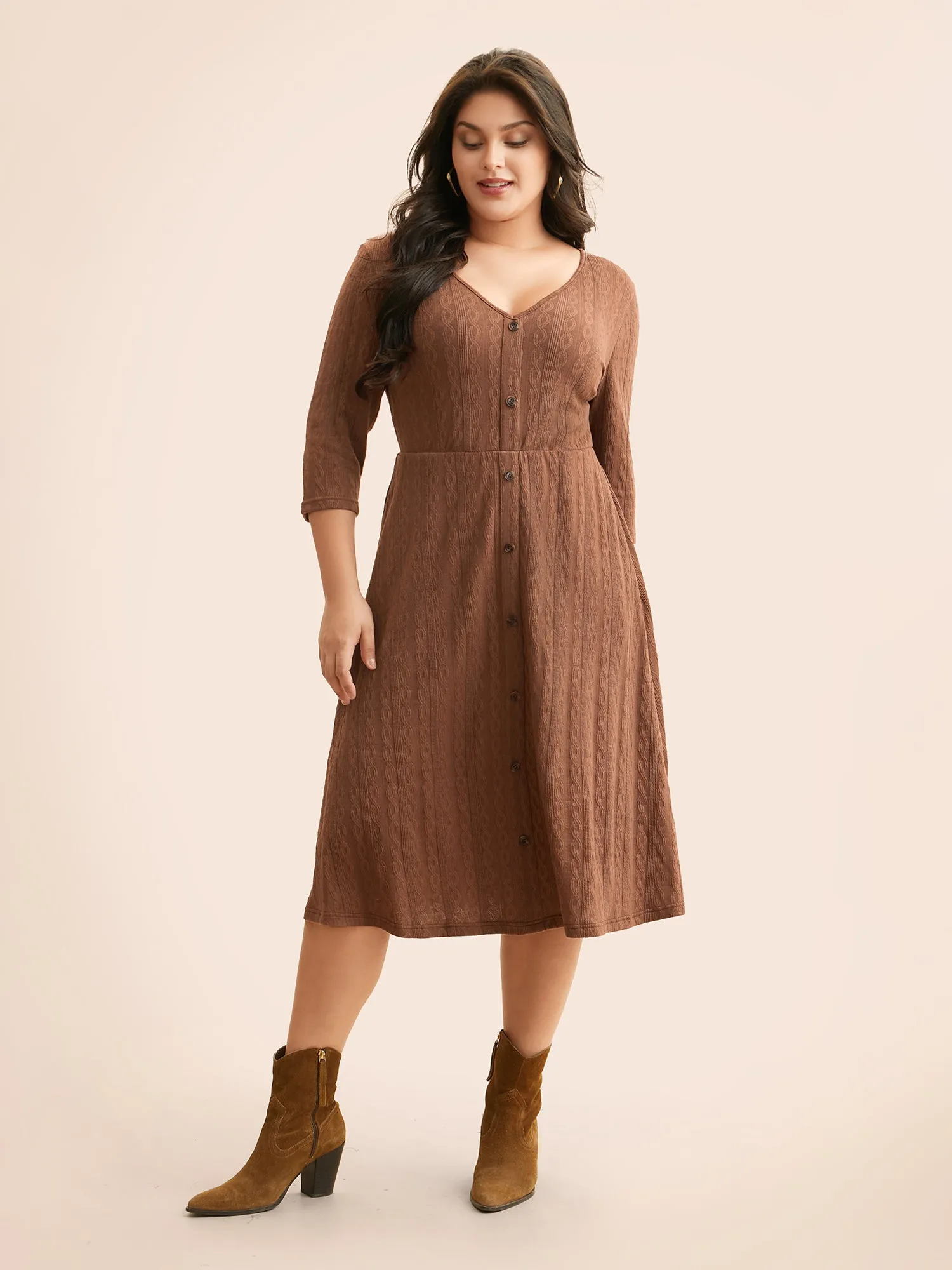 Plain Textured Button Detail Midi Dress sold by Bloomchic product image thumbnail 2