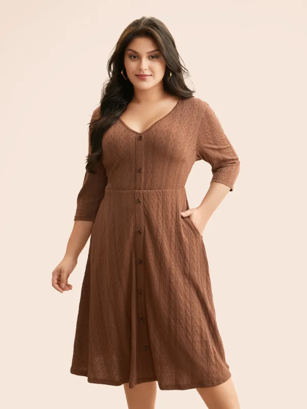 Plain Textured Button Detail Midi Dress sold by Bloomchic