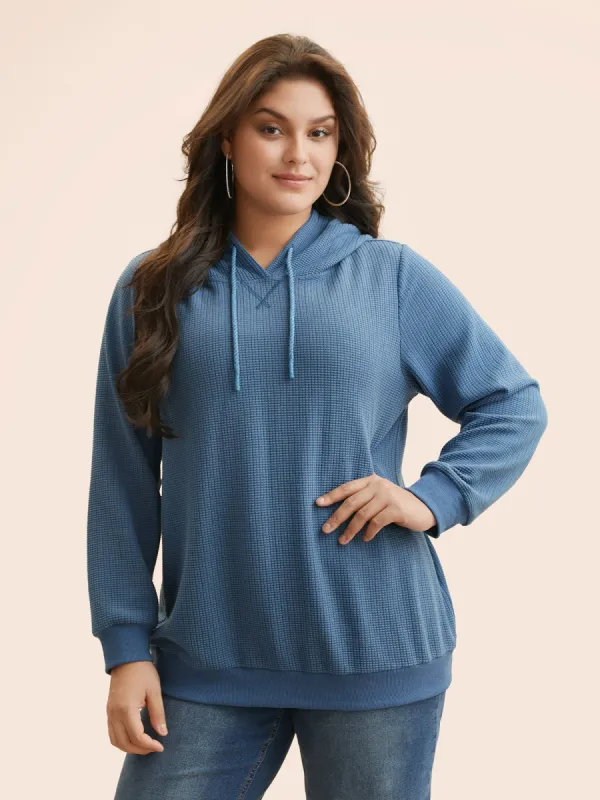 Plain Textured Hooded Drawstring Sweatshirt sold by Bloomchic