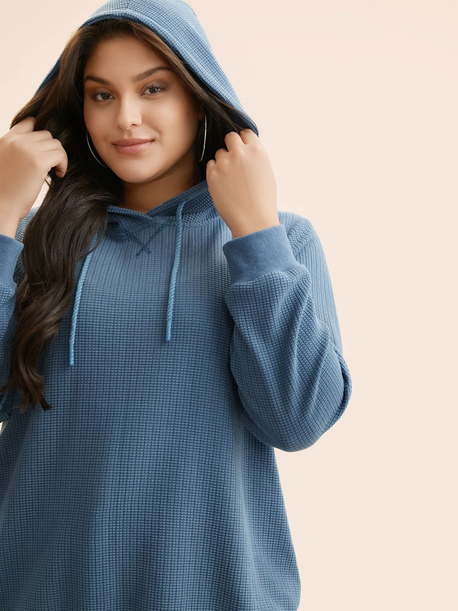 Plain Textured Hooded Drawstring Sweatshirt sold by Bloomchic product image thumbnail 4