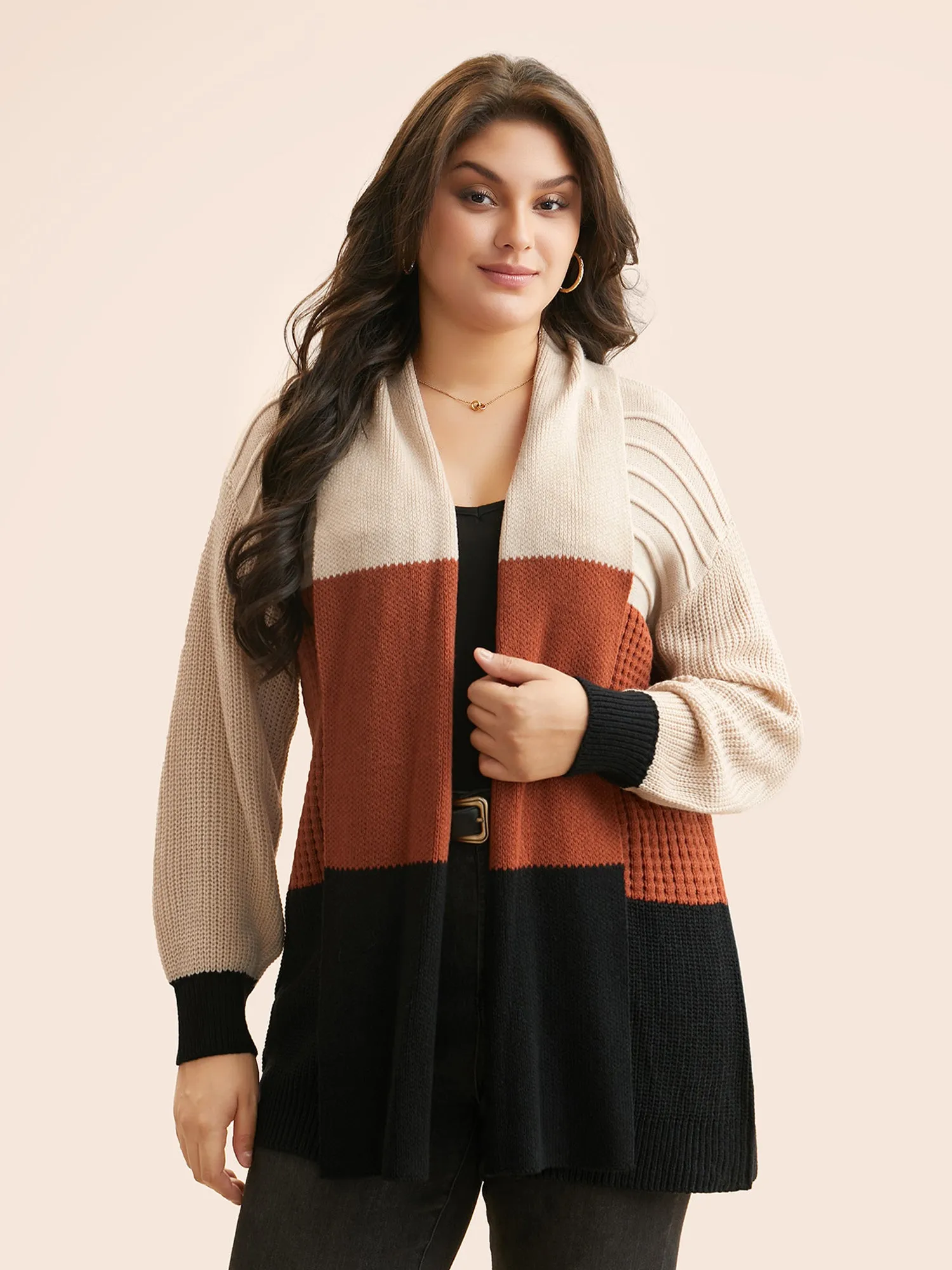 Colorblock Contrast Lapel Collar Texture Cardigan sold by Bloomchic