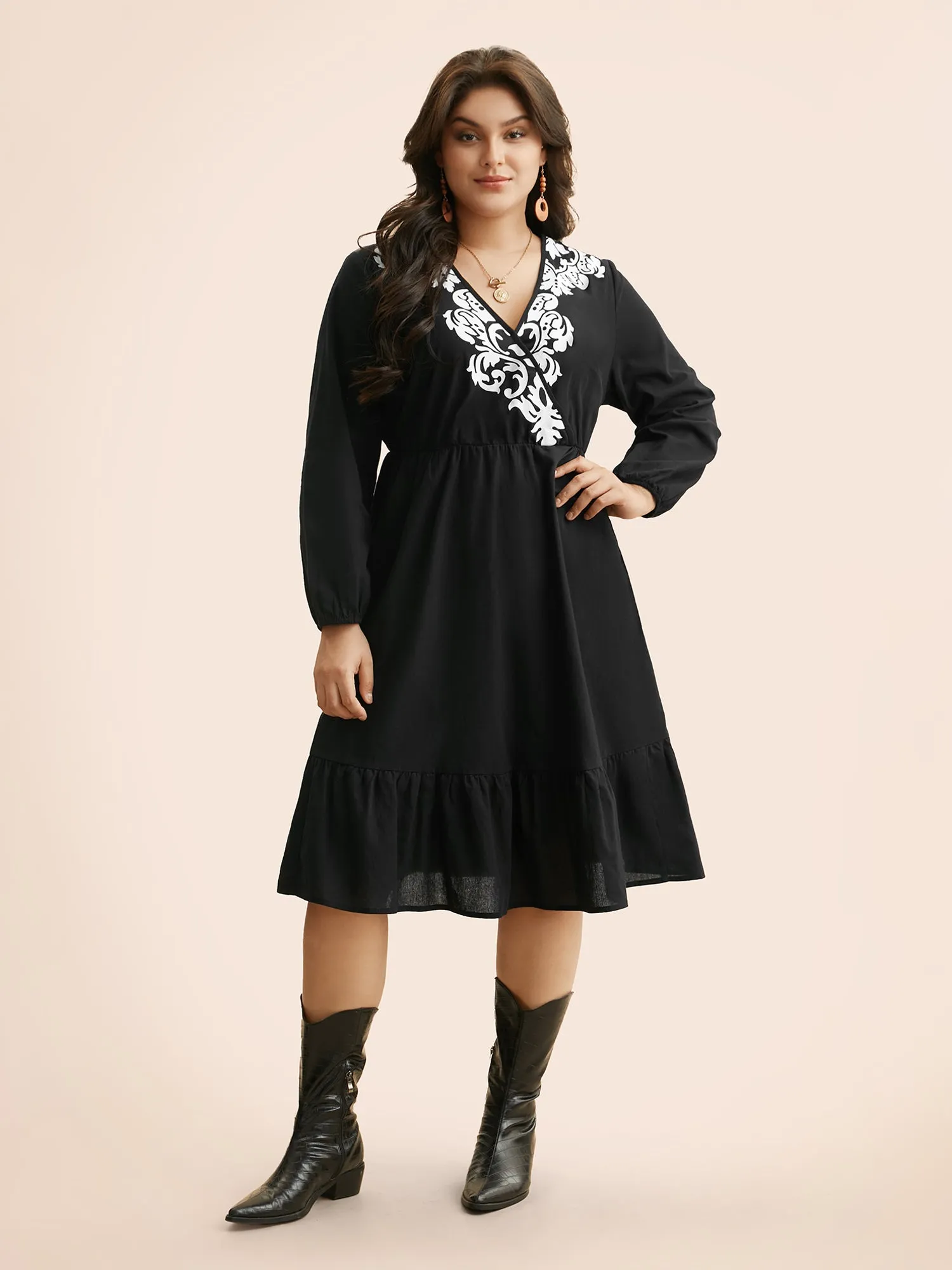 Boho Print Overlap Collar Midi Dress sold by Bloomchic