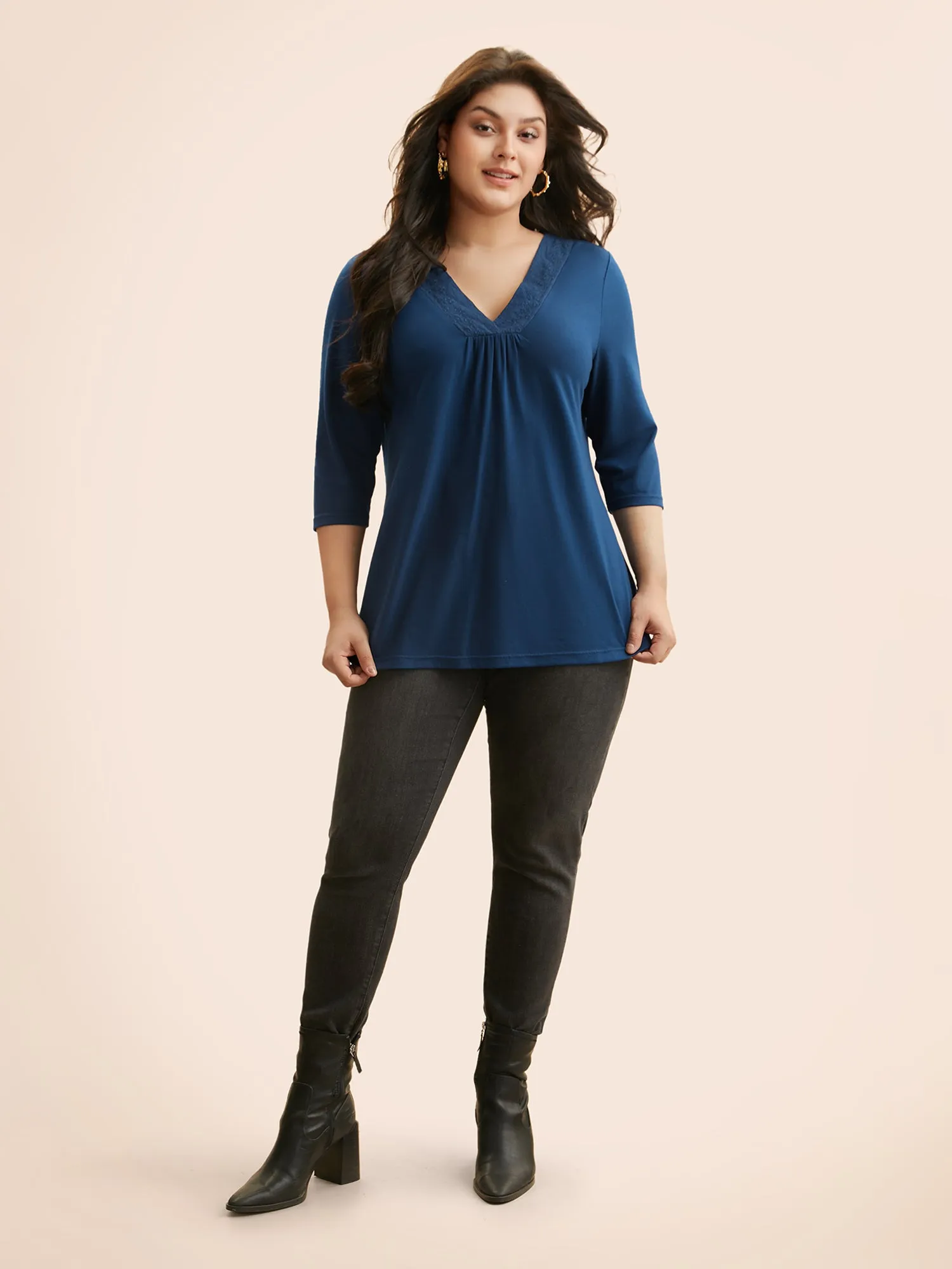 V Neck Embroidered Patchwork Gathered T-shirt sold by Bloomchic product image thumbnail 4