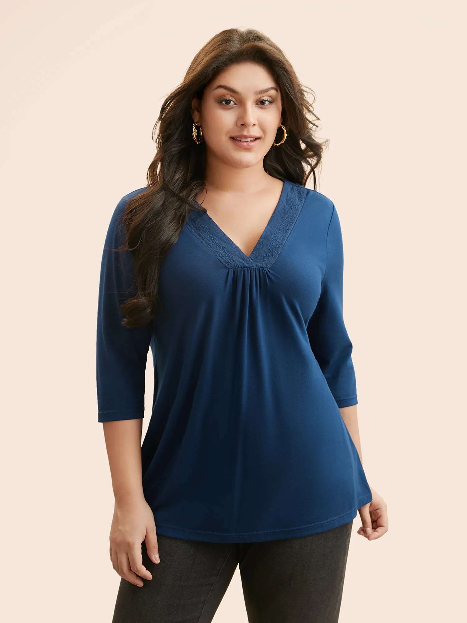 V Neck Embroidered Patchwork Gathered T-shirt sold by Bloomchic