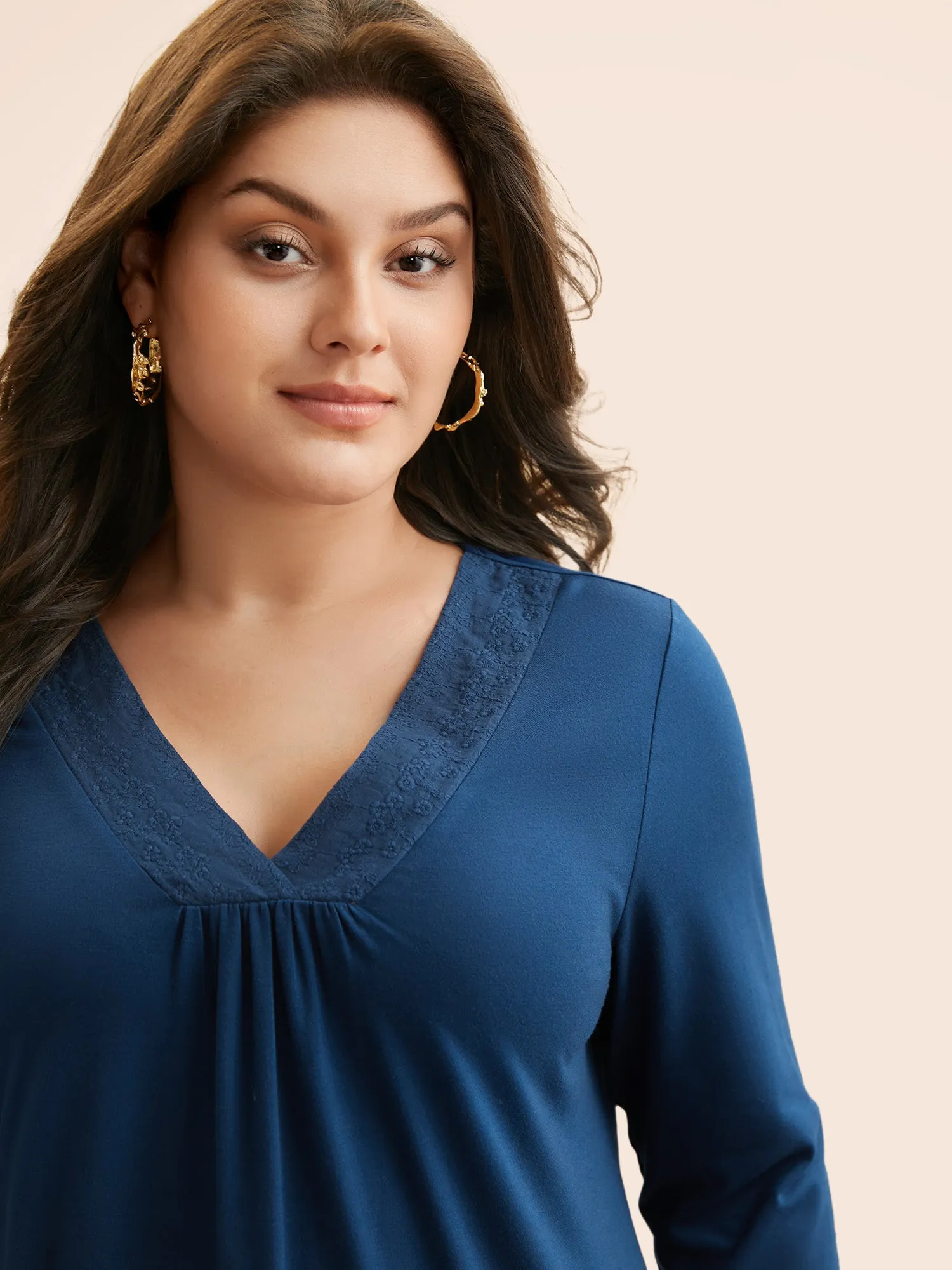 V Neck Embroidered Patchwork Gathered T-shirt sold by Bloomchic product image thumbnail 2