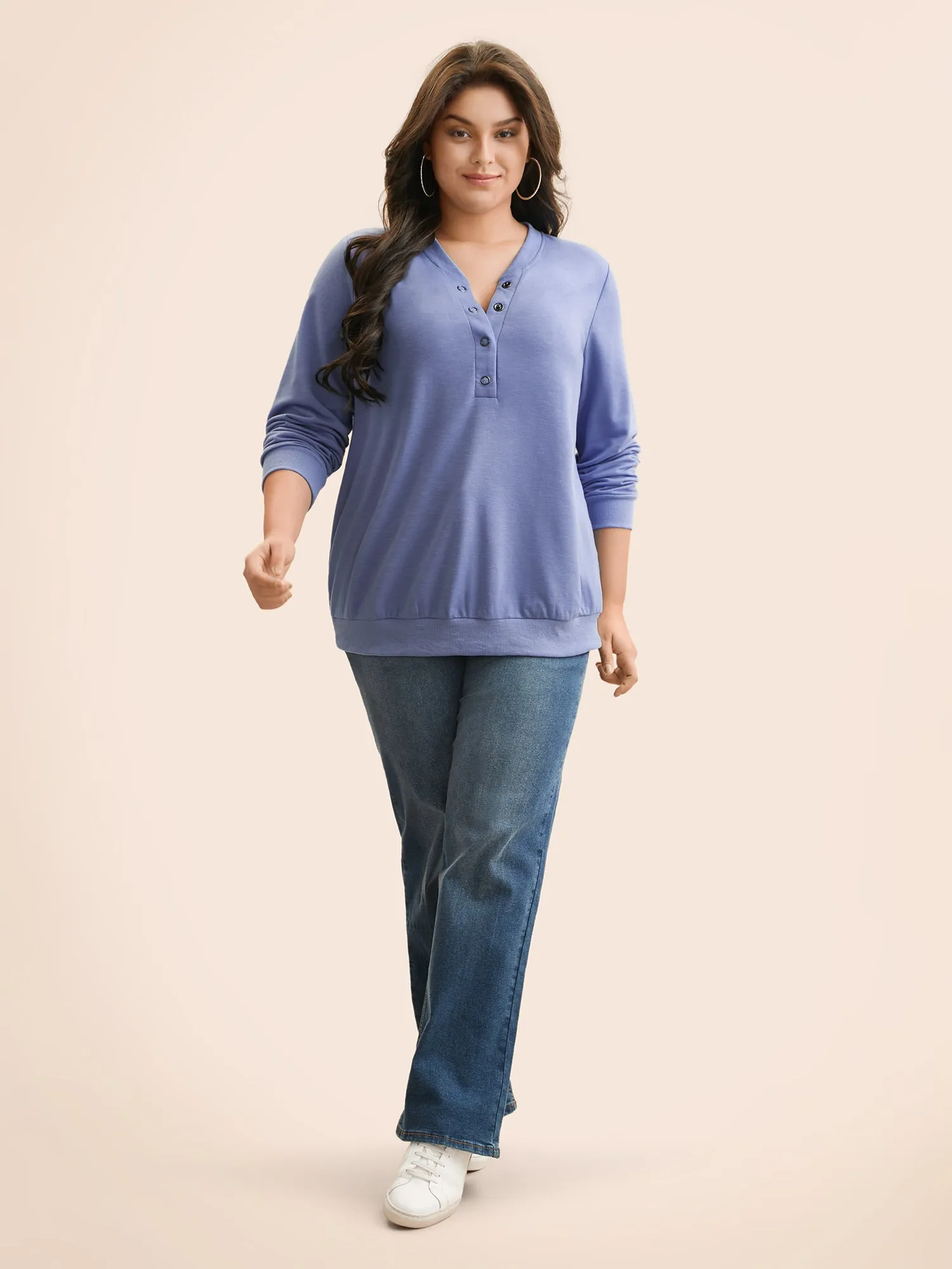 Plain Notched Collar Button Up Sweatshirt sold by Bloomchic