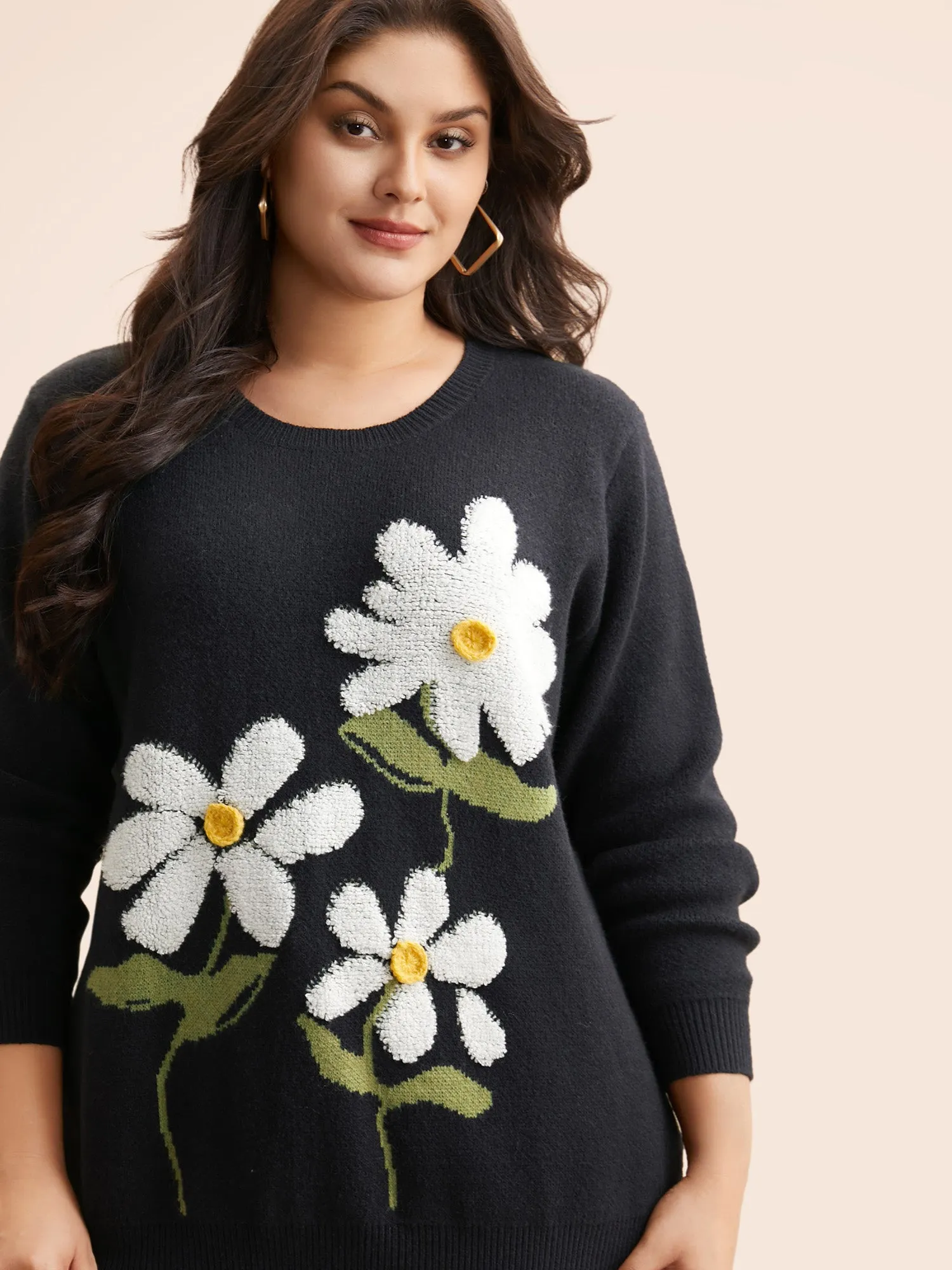 Round Neck Floral Contrast Texture Pullover sold by Bloomchic