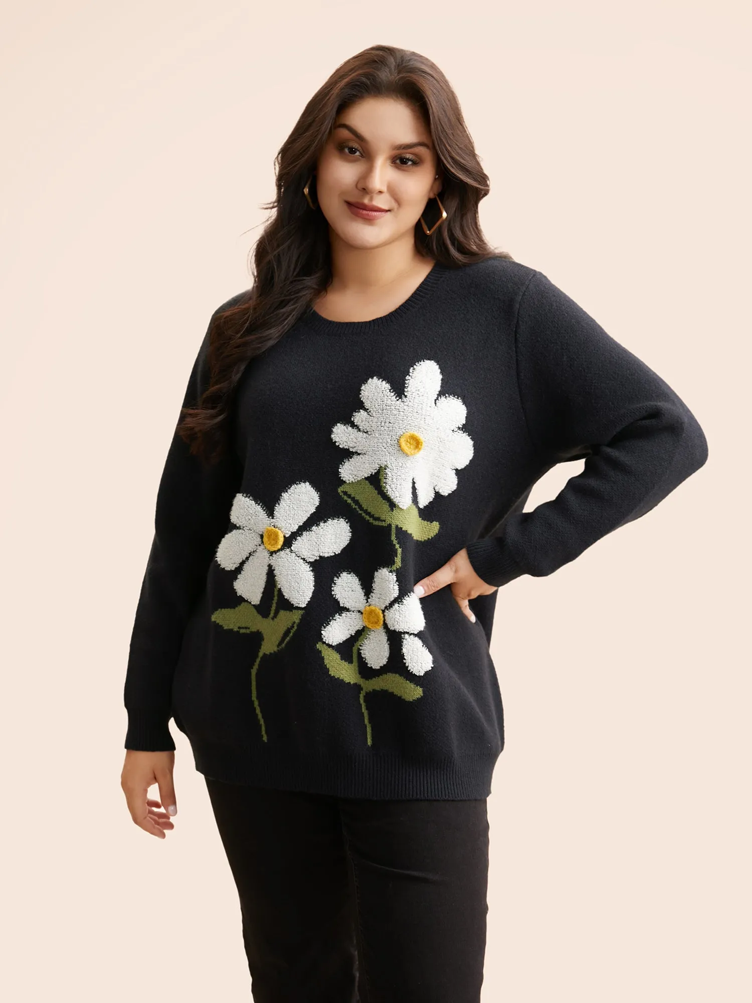 Round Neck Floral Contrast Texture Pullover sold by Bloomchic product image thumbnail 3